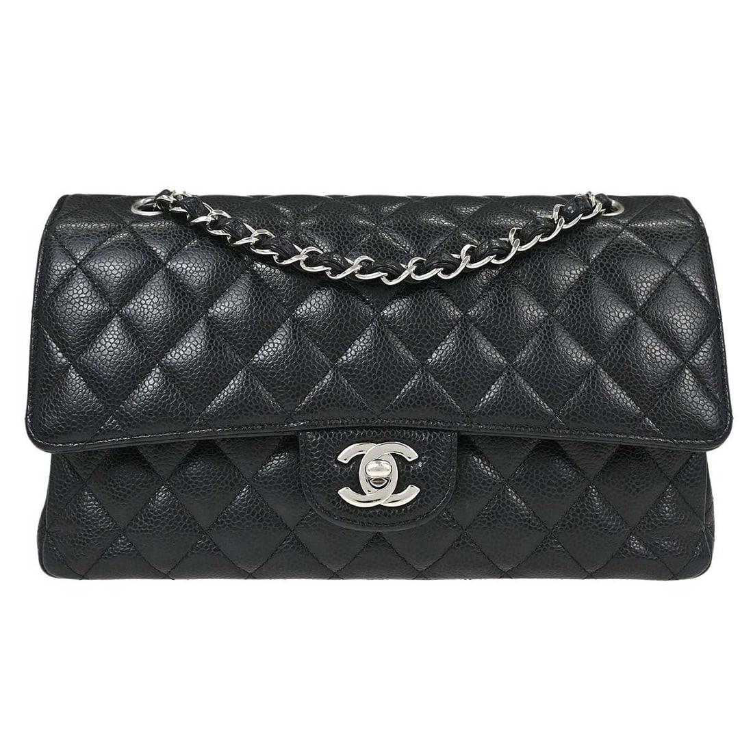 CHANEL Classic Double Flap Medium Shoulder Bag Black Calfskin: CHANEL Classic Double Flap Medium Shoulder Bag Black Calfskin Chanel Medium Classic Double Flap shoulder bag in black caviar skin leather with a turn-lock closure and shoulder strap. This medium bag f
