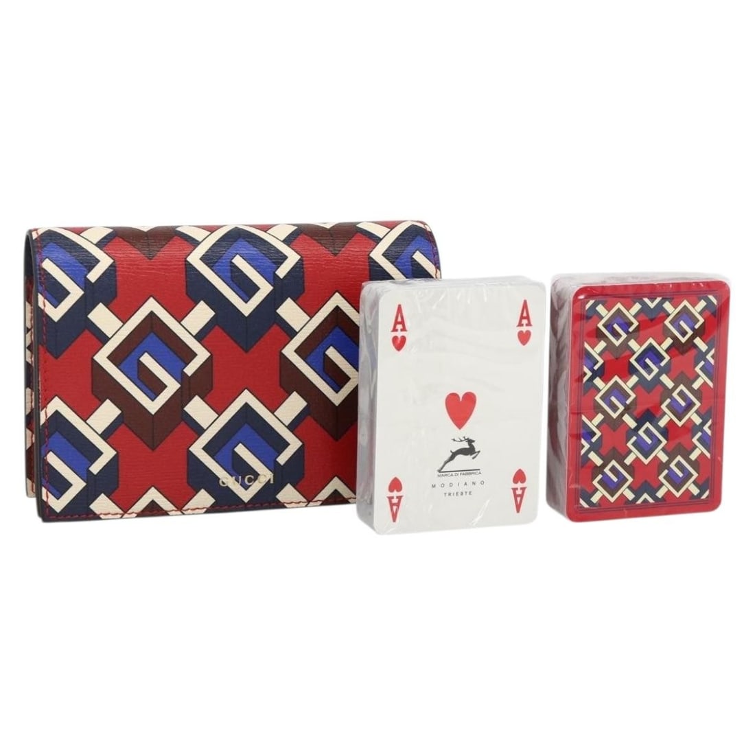 Gucci PVC Leather Playing Card Case Red Blue Italy: Gucci PVC Leather Playing Card Case Red Blue Italy Gucci playing cards case in red and blue PVC leather with a geometric design. Made in Italy, it comes with a dust bag and item box. The piece is desc