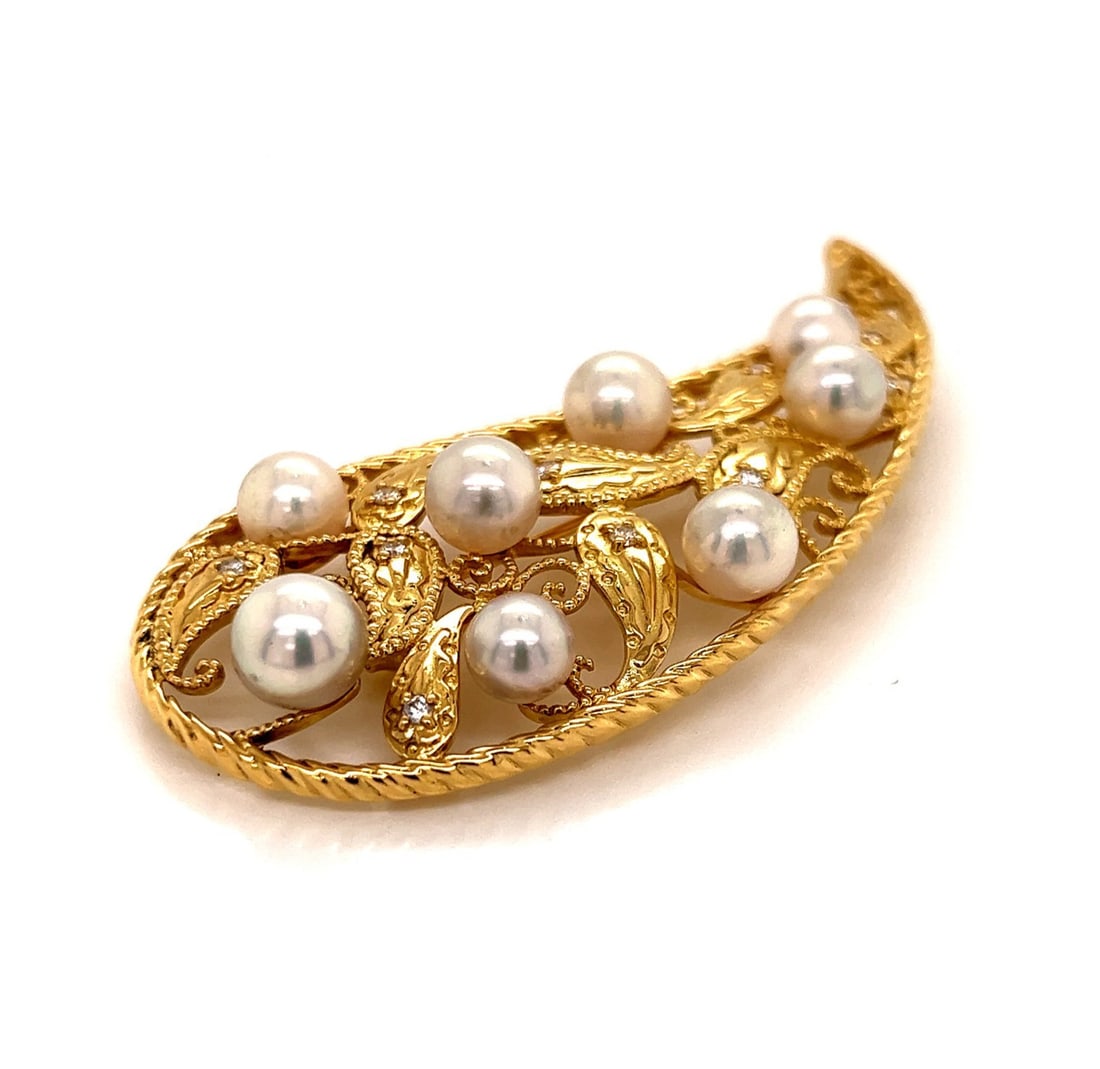 Mikimoto Estate Teardrop Brooch 18k Yellow Gold Akoya Pearls Diamond (1 of 5)
