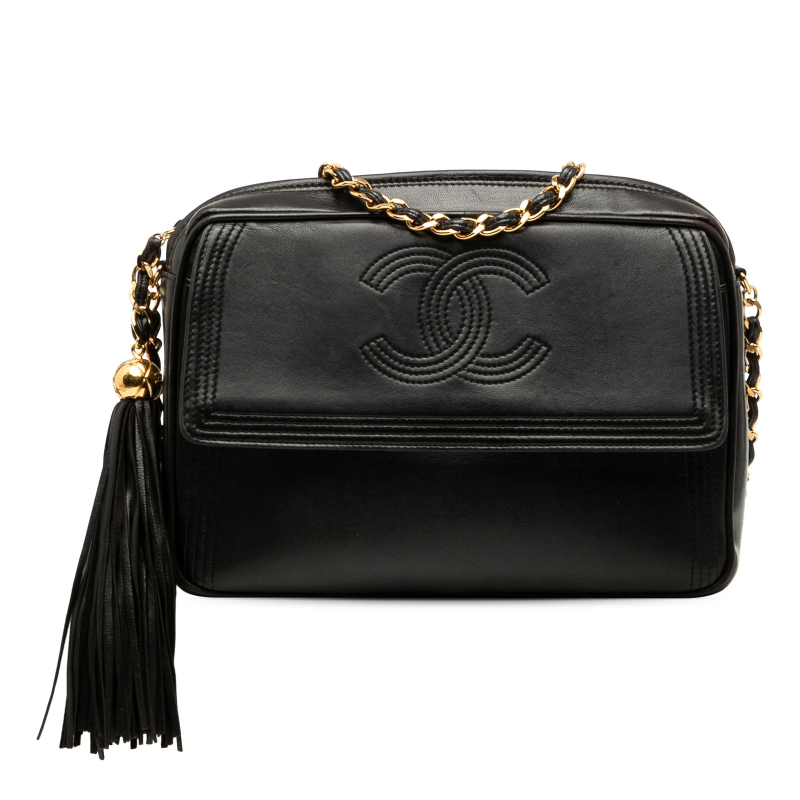 Chanel CC Stitched Tassel Flap Crossbody Bag Lambskin Black: Chanel CC Stitched Tassel Flap Crossbody Bag Lambskin Black Chanel CC Stitched Lambskin Tassel Flap Crossbody bag in black, made in Italy. It features a lambskin leather body, a leather-woven chain li
