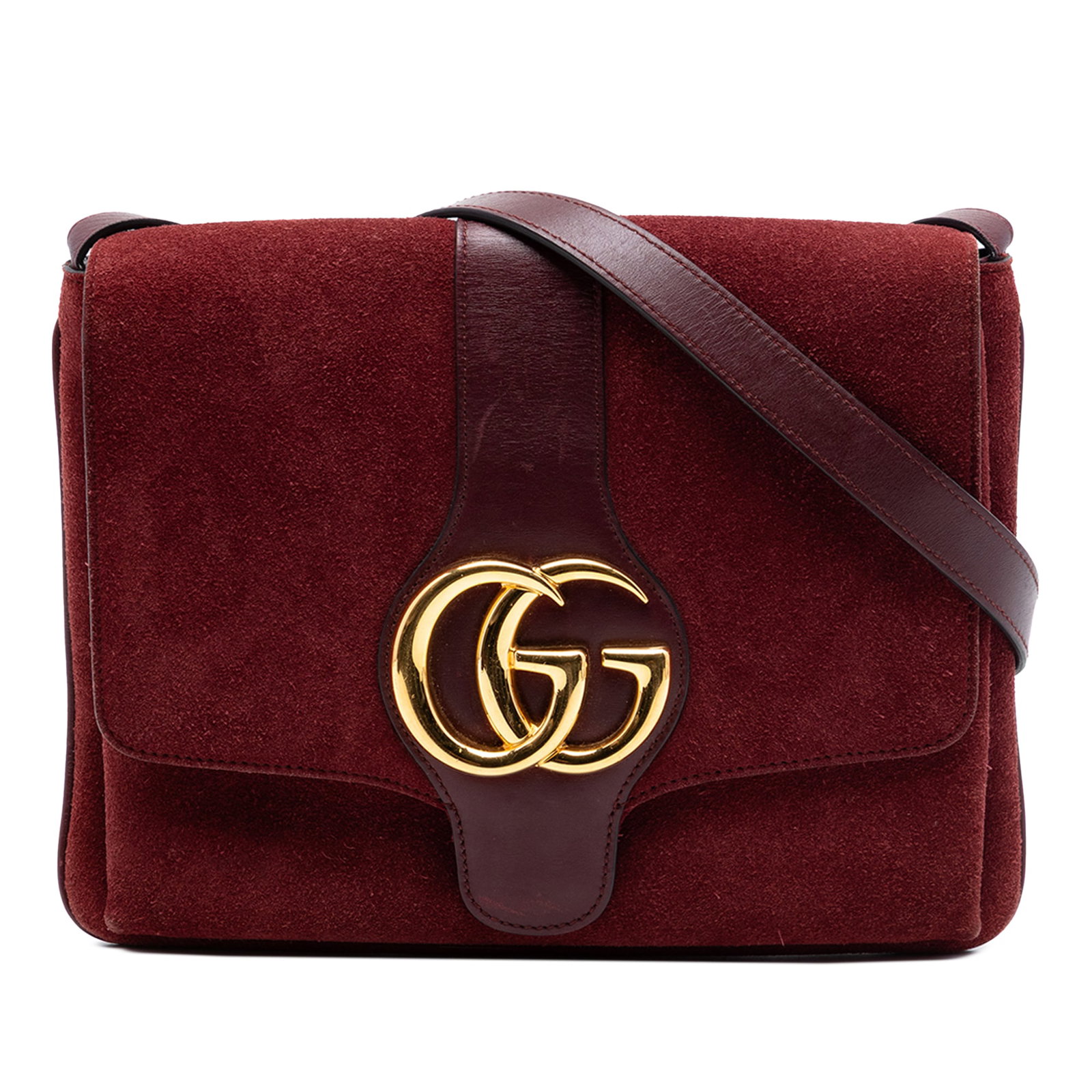 Gucci Arli Medium Red Suede Crossbody Bag: Gucci Arli Medium Red Suede Crossbody Bag Gucci Arli medium crossbody bag crafted with a suede body and calf leather trim. It features an adjustable flat leather strap, a front flap with magnetic snap