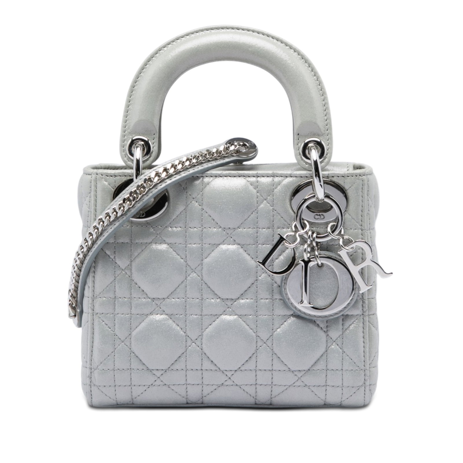 Dior Lady Dior Mini Cannage Iridescent Lambskin Bag Silver: Dior Lady Dior Mini Cannage Iridescent Lambskin Bag Silver This Mini Lady Dior bag features a quilted iridescent lambskin leather body in silver, flat leather top handles, a detachable chain link stra