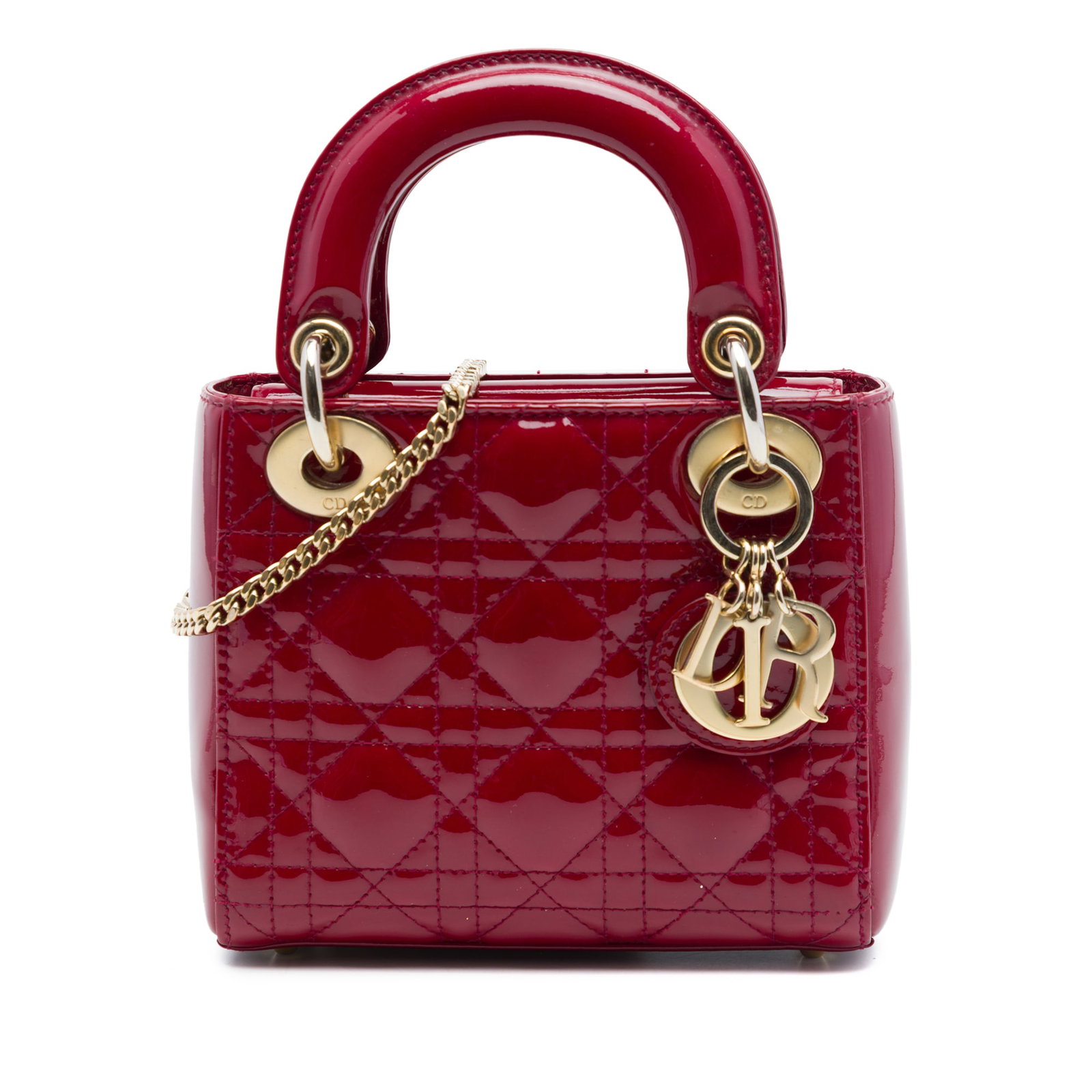 Dior Lady Dior Mini Red Patent Leather Handbag: Dior Lady Dior Mini Red Patent Leather Handbag This Mini Patent Cannage Lady Dior bag is crafted in quilted patent leather and features flat leather top handles, a detachable chain-link shoulder strap