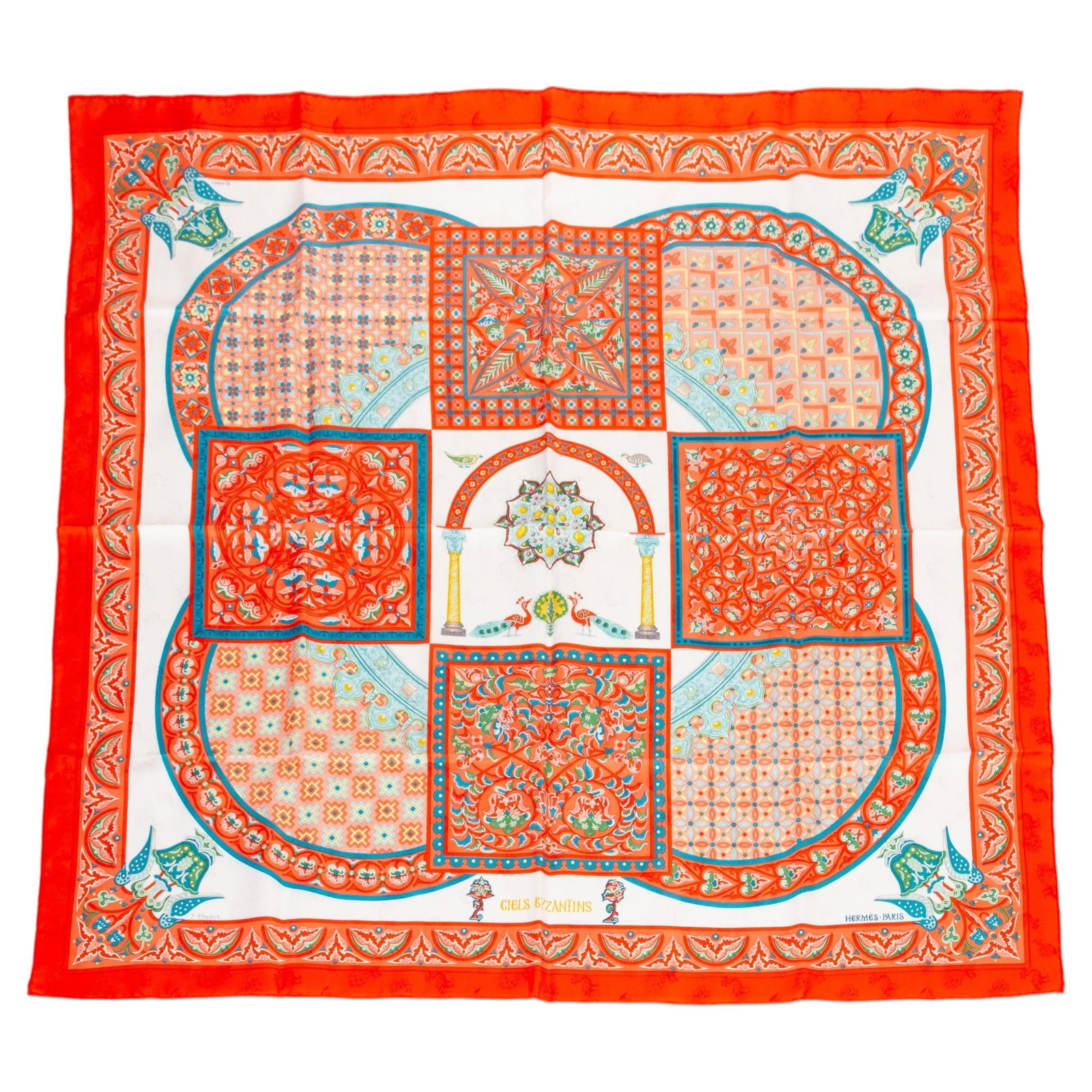 Coral Ciels Byzantins Silk Square Scarf by Hermes France 35 Inch: Coral Ciels Byzantins Silk Square Scarf by Hermes France 35 Inch This Hermes Ciels Byzantins silk scarf showcases a detailed design featuring ancient stonework and strutting peacocks in coral, teal, a
