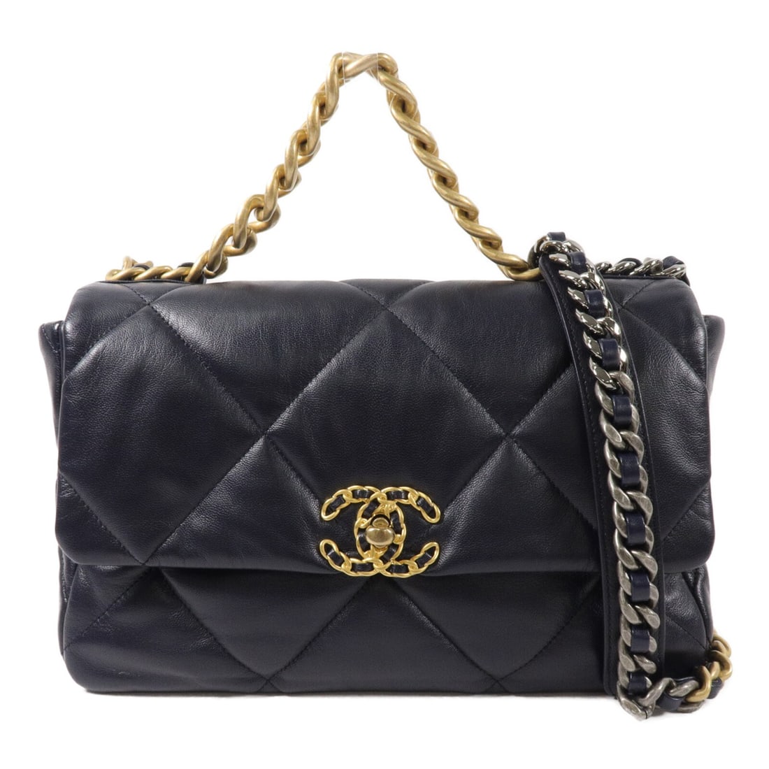 CHANEL AS1161 Chanel 19 2way Shoulder Bag Navy Lambskin: CHANEL AS1161 Chanel 19 2way Shoulder Bag Navy Lambskin CHANEL CC Chanel 19 Chain Shoulder Bag AS1161 in navy lambskin (sheep leather). This 2-way shoulder bag is designed for women and features a tur