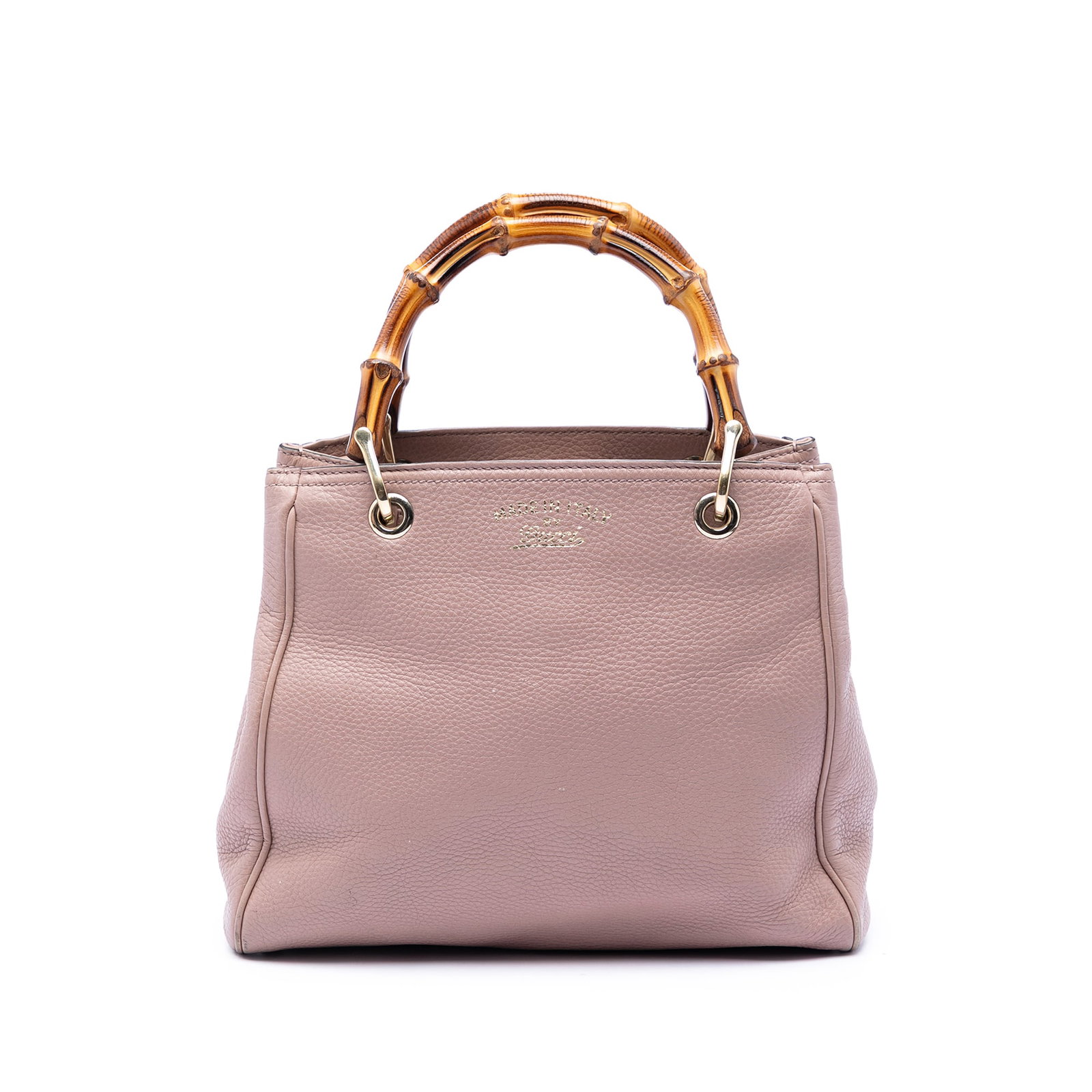 Gucci Bamboo Shopper Small Pink Calfskin Leather Satchel: Gucci Bamboo Shopper Small Pink Calfskin Leather Satchel This Gucci Bamboo Shopper satchel is crafted in pink calfskin leather and features bamboo handles, an open top with a magnetic snap closure, an