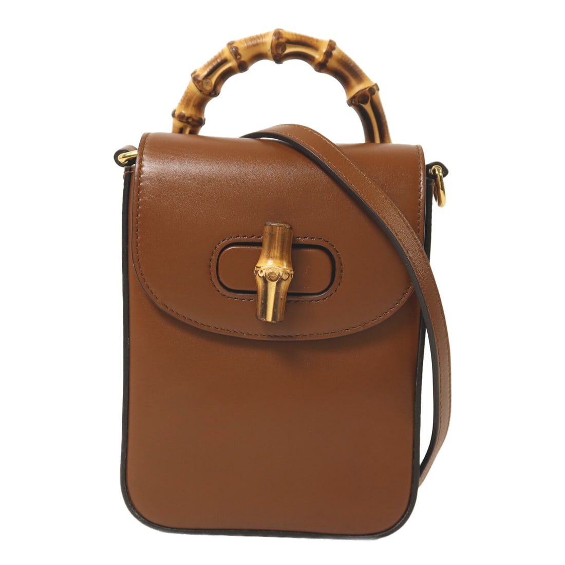 Gucci 702106 GG Bamboo Mini Calfskin 2 Way Bag Brown: Gucci 702106 GG Bamboo Mini Calfskin 2 Way Bag Brown GUCCI GG GHW Bamboo Mini 2 Way Shoulder Bag in brown calfskin (cowhide) leather. This women's regular-size bag is made in Italy and features a turn
