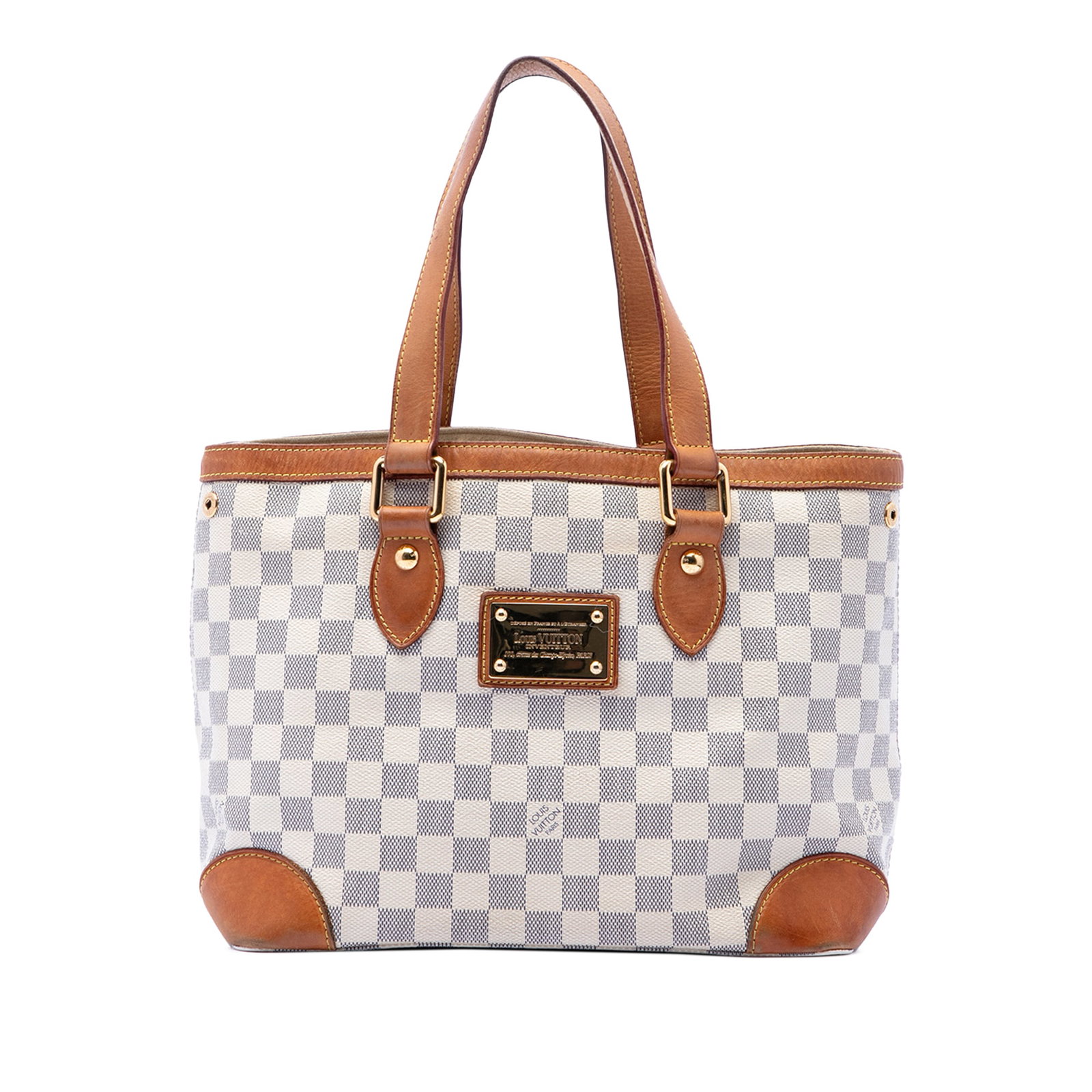 Louis Vuitton Hampstead PM Damier Azur Shoulder Bag: Louis Vuitton Hampstead PM Damier Azur Shoulder Bag Louis Vuitton Damier Azur Hampstead PM handbag with vachetta leather trim and flat vachetta leather straps. The bag features an open top and an inte