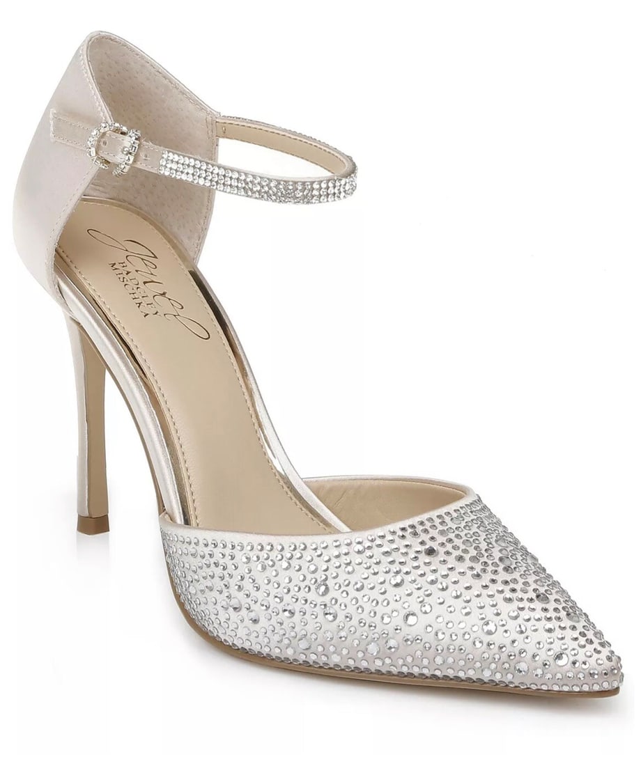 Jewel Badgley Mischka Jailene Evening Pump Champagne Satin 3.75in: Jewel Badgley Mischka Jailene Evening Pump Champagne Satin 3.75in Elevate your evening attire with the Jewel Badgley Mischka Women's Jailene Evening Pump. This stunning pump features a luxurious champ