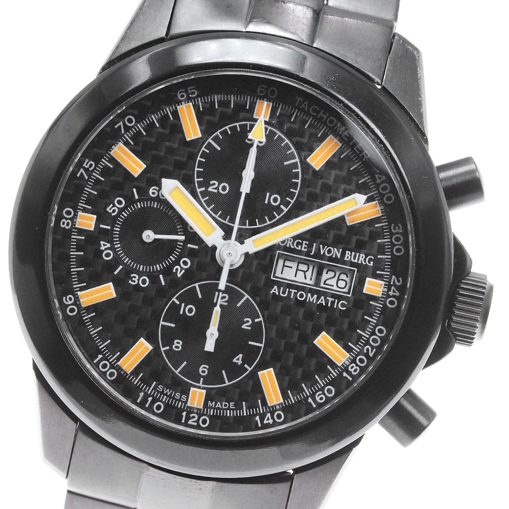 George J Von Burg MGJVB-0053 mens automatic chronograph watch black dial (1 of 6)