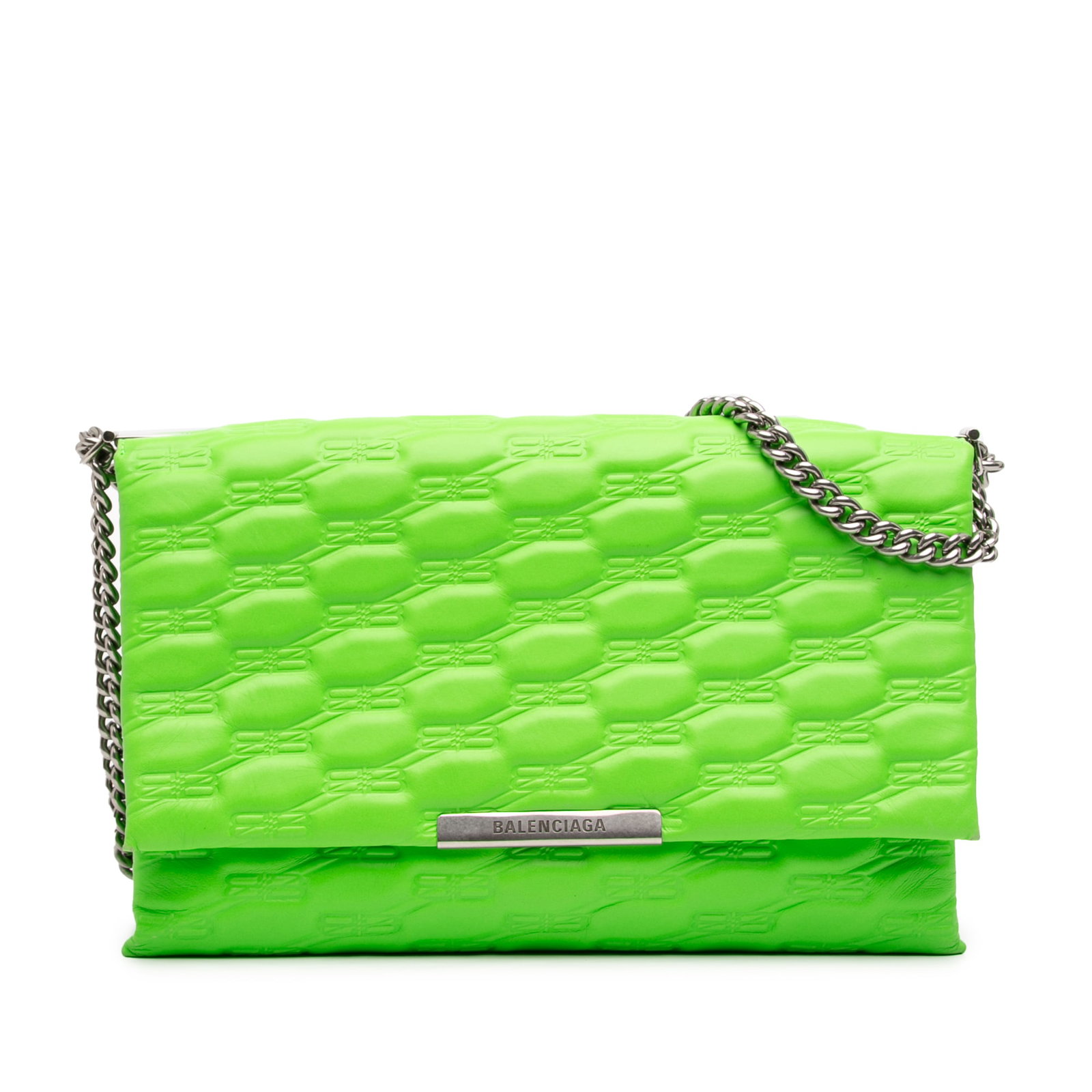 Balenciaga BB Monogram Green Embossed Leather Chain Shoulder Bag: Balenciaga BB Monogram Green Embossed Leather Chain Shoulder Bag This Balenciaga embossed leather BB monogram chain flap bag features a green leather body with embossed detailing, chain link straps, a