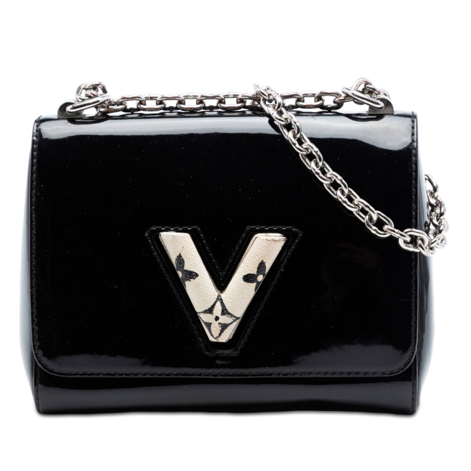 Louis Vuitton Twist PM Vernis Leather Black Bag: Louis Vuitton Twist PM Vernis Leather Black Bag This Louis Vuitton Vernis Monogram Twist PM features a glossy vernis leather body in black, complemented by a curb chain strap with a monogram canvas gu