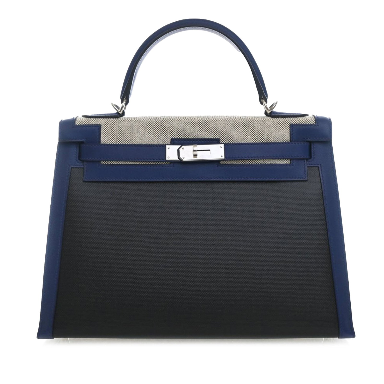 Hermes Kelly II Sellier 32 Tricolor Swift Toile H Berline Bag: Hermes Kelly II Sellier 32 Tricolor Swift Toile H Berline Bag This Hermes Kelly II Sellier 32 bag is crafted with a Toile H Berline coated canvas body in Noir with Bleu Saphir Swift leather trim. It f