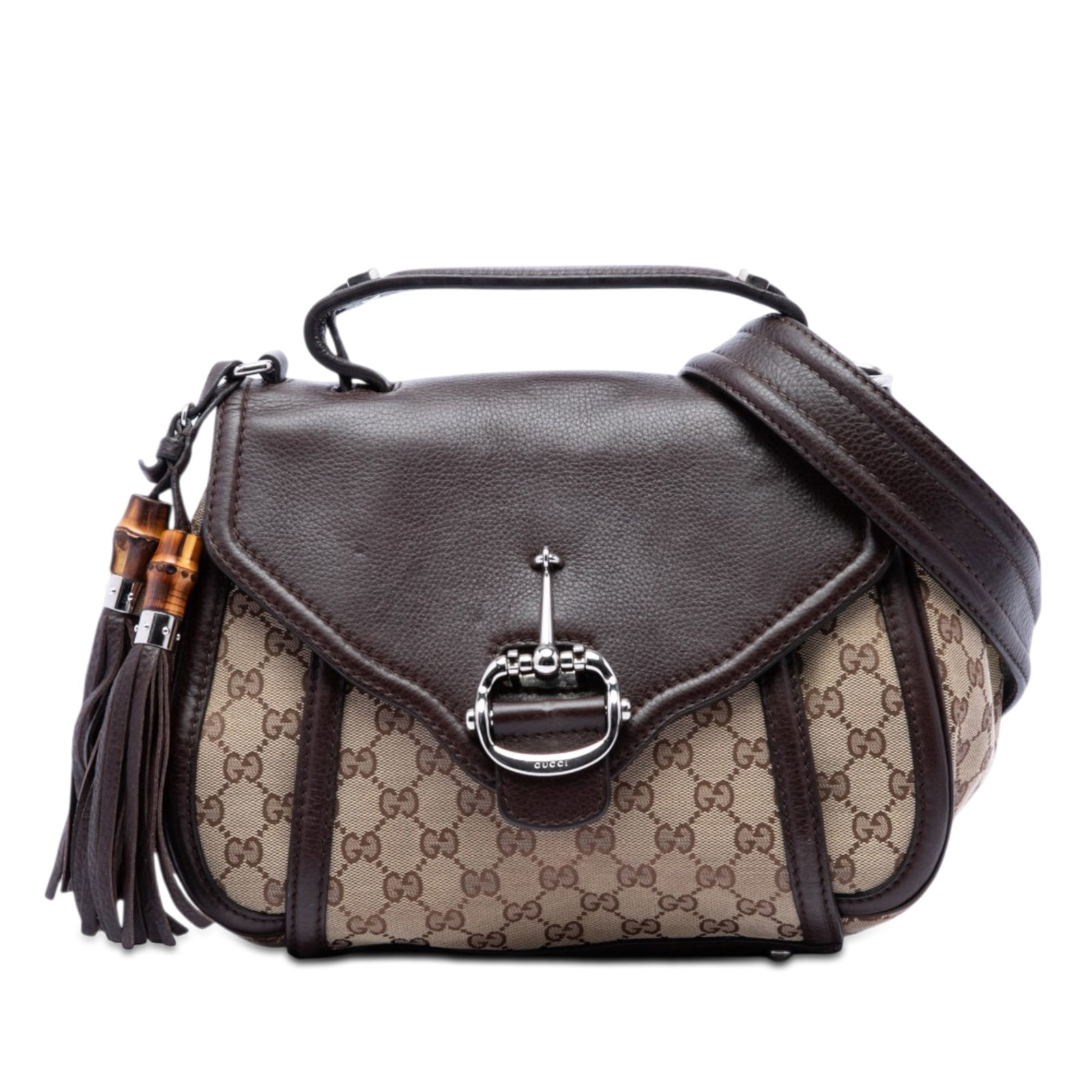 Gucci Techno Horsebit GG Canvas Satchel with Leather Trim: Gucci Techno Horsebit GG Canvas Satchel with Leather Trim Gucci GG Canvas Techno Horsebit top handle bag crafted with a canvas body and leather trim, accented by tassel detail. This satchel features a