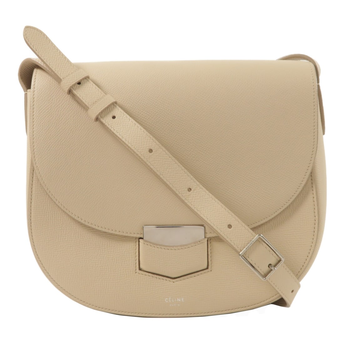 CELINE Trotteur Beige Calfskin Leather Shoulder Bag SHW: CELINE Trotteur Beige Calfskin Leather Shoulder Bag SHW CELINE SHW Trotteur Shoulder Bag in beige calfskin leather, designed for women with a regular size profile. It features a shoulder bag style wit