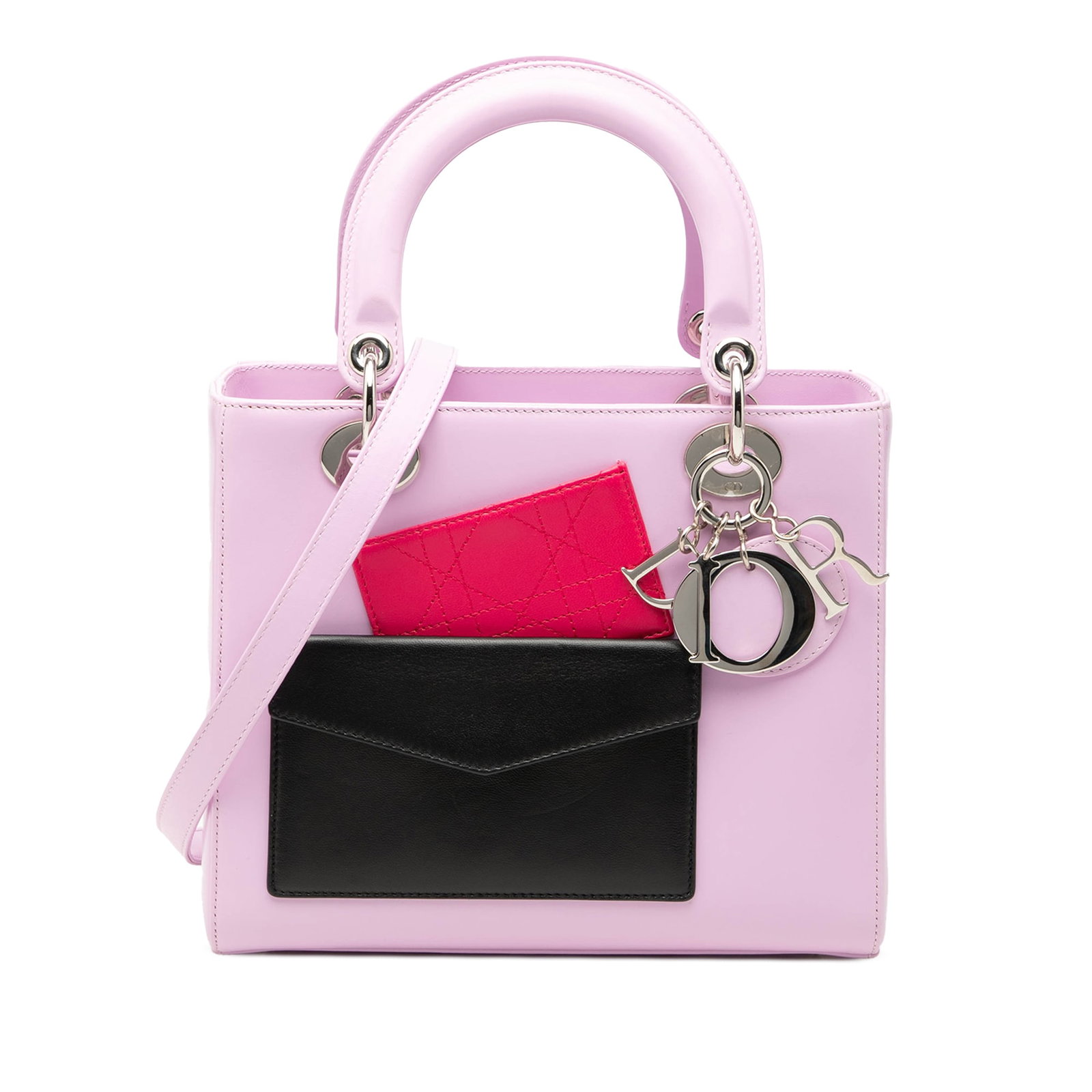 Dior Lady Dior Medium Pink Calfskin Bag with Pockets: Dior Lady Dior Medium Pink Calfskin Bag with Pockets Medium Lady Dior bag in pink calfskin with exterior flap and slip pockets, dual flat top handles, and a detachable flat shoulder strap. The interio