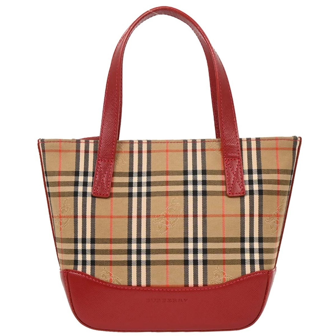 Burberry House Check Canvas Tote Bag Beige Red Leather Handles: Burberry House Check Canvas Tote Bag Beige Red Leather Handles A Burberry House Check tote handbag in beige canvas with red leather handles. It features a medium size, double handles, inner pockets, a