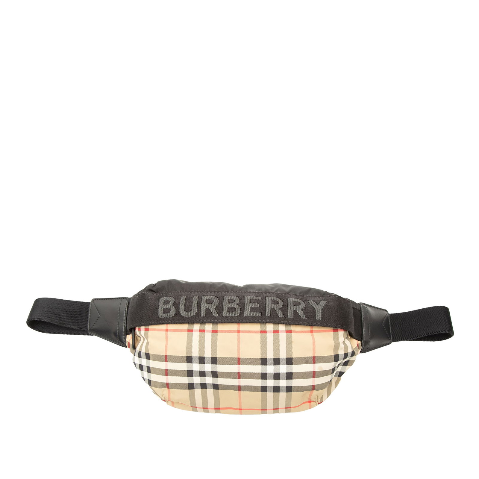 Burberry Sonny House Check Nylon Belt Bag: Burberry Sonny House Check Nylon Belt Bag Burberry House Check Sonny belt bag in beige nylon with an adjustable canvas waist strap. The design includes a front zip closure, an exterior back zip pocket