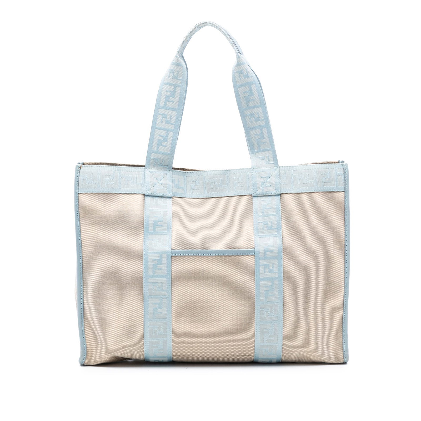 Fendi Zucca Beige Canvas Tote Bag with Magnetic Closure: Fendi Zucca Beige Canvas Tote Bag with Magnetic Closure This Fendi Zucca Trimmed Canvas Tote features a beige fabric body with flat canvas handles. The tote is designed with an open top secured by a m