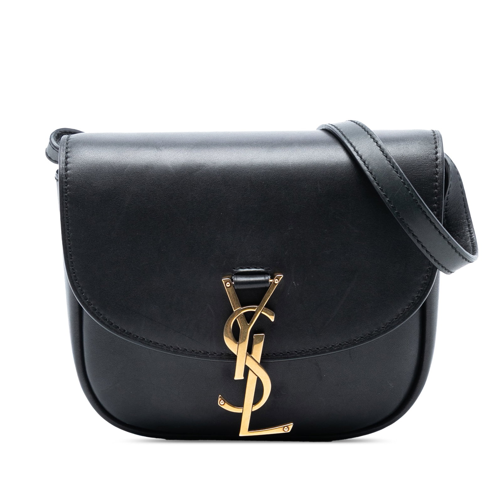 Saint Laurent Kaia Small Black Leather Crossbody Bag with YSL Monogram: Saint Laurent Kaia Small Black Leather Crossbody Bag with YSL Monogram This small leather crossbody bag features an adjustable flat leather strap, a front flap with a metal YSL logo, and a magnetic sn
