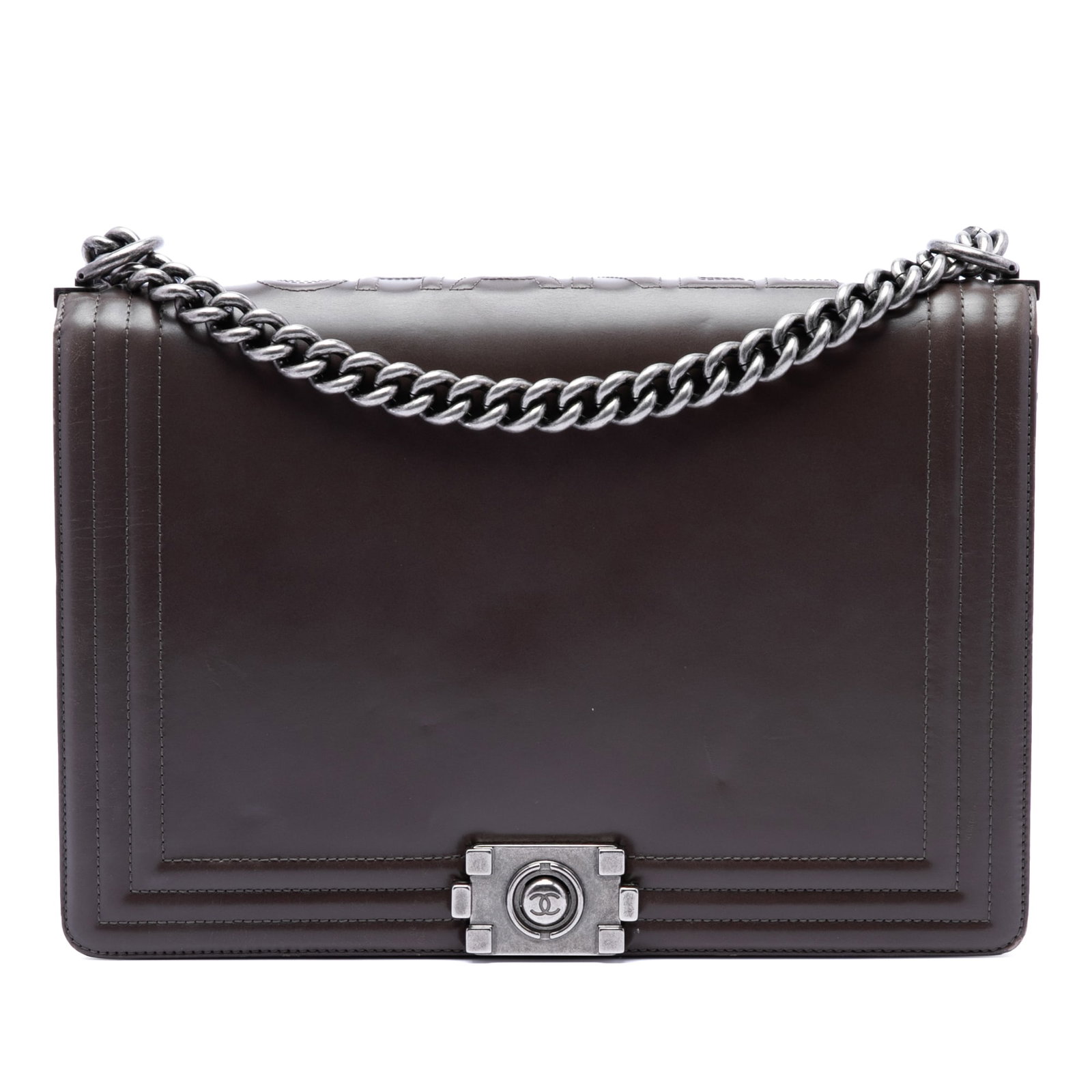 Chanel Boy Flap Large Glazed Calfskin Shoulder Bag Brown: Chanel Boy Flap Large Glazed Calfskin Shoulder Bag Brown This Chanel Boy Flap bag is crafted in glazed calfskin leather and features a chain and leather shoulder strap, a front flap with push-lock clo