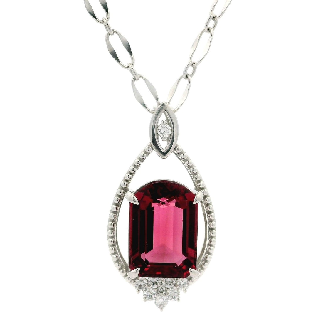 18k White Gold GIA 8.18ct Rubellite Tourmaline Diamond Pendant Necklace: 18k White Gold GIA 8.18ct Rubellite Tourmaline Diamond Pendant Necklace This exquisite necklace features a stunning pendant crafted from solid 18k white gold. At its center lies a natural genuine rube