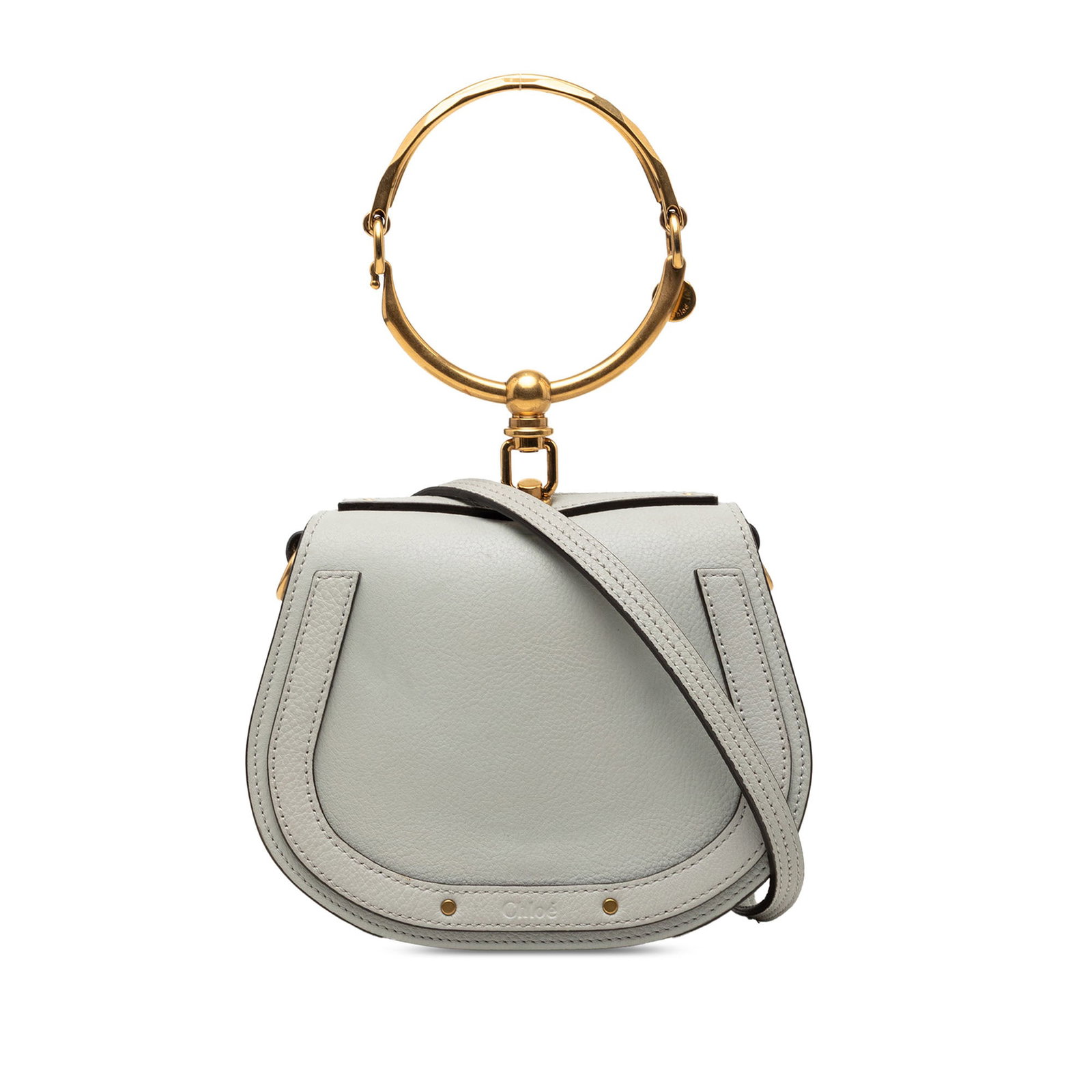 Chloe Nile Small Gray Leather Bracelet Handle Satchel: Chloe Nile Small Gray Leather Bracelet Handle Satchel Chloe Small Leather Nile Bracelet Satchel in gray leather, made in Italy. This bag features a metal hoop handle, a detachable flat leather strap, 