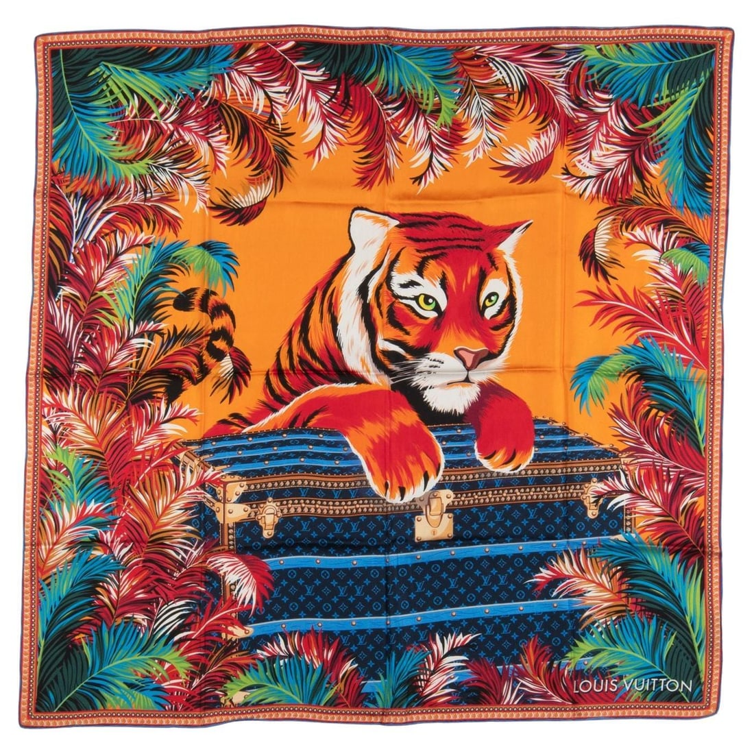 Louis Vuitton Silk Square Scarf Featuring Tiger and Monogram Trunk: Louis Vuitton Silk Square Scarf Featuring Tiger and Monogram Trunk This Louis Vuitton Precious Tiger Square Scarf features a vibrant multi-color design with an illustration of a tiger alongside a Loui