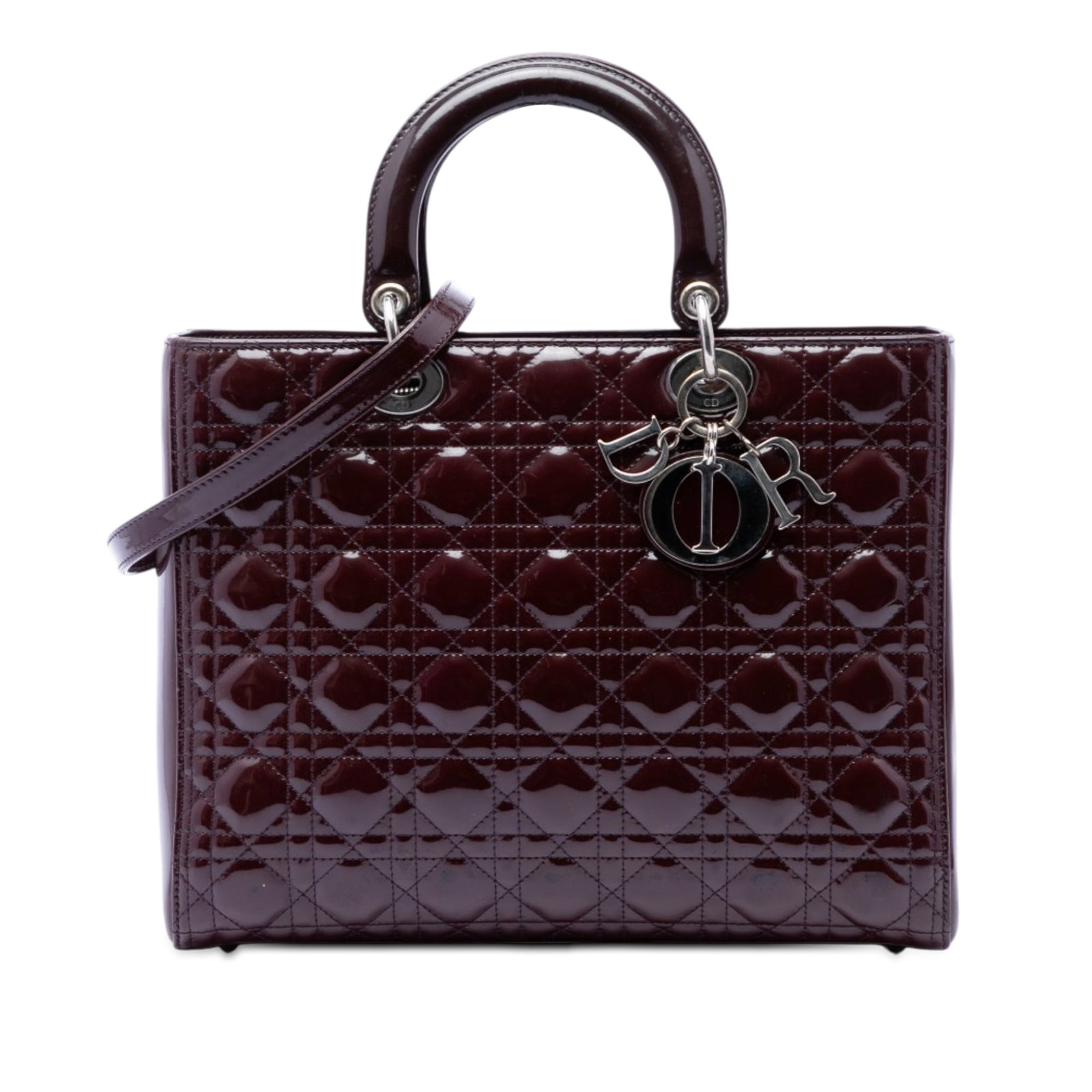 Dior Large Patent Cannage Lady Dior Red Leather Bag: Dior Large Patent Cannage Lady Dior Red Leather Bag This Lady Dior handbag features a red patent leather body with the signature Cannage quilting, flat leather top handles, and a detachable flat leath