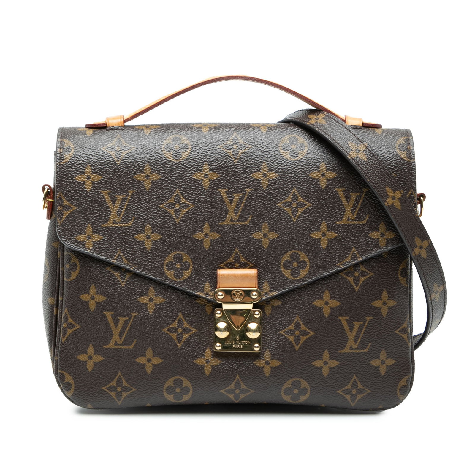 Louis Vuitton Pochette Metis monogram canvas bag: Louis Vuitton Pochette Metis monogram canvas bag This Louis Vuitton Monogram Pochette Metis features the iconic monogram canvas body, complemented by a flat vachetta leather top handle and a detachabl