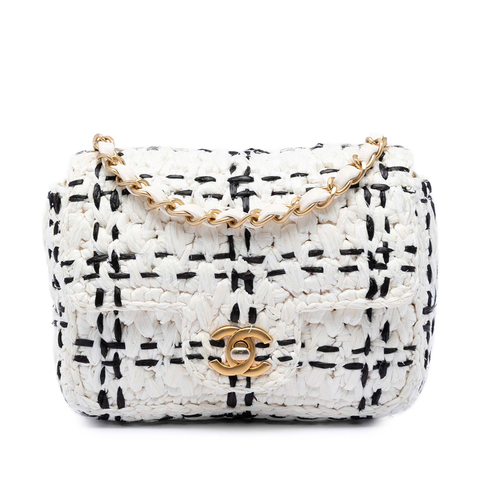 Chanel CC Mini Flap Crossbody in White Raffia Effect Tweed: Chanel CC Mini Flap Crossbody in White Raffia Effect Tweed This Chanel CC Mini Raffia Effect Tweed Flap crossbody bag features a woven tweed body, a leather woven chain strap, a front flap with CC tur