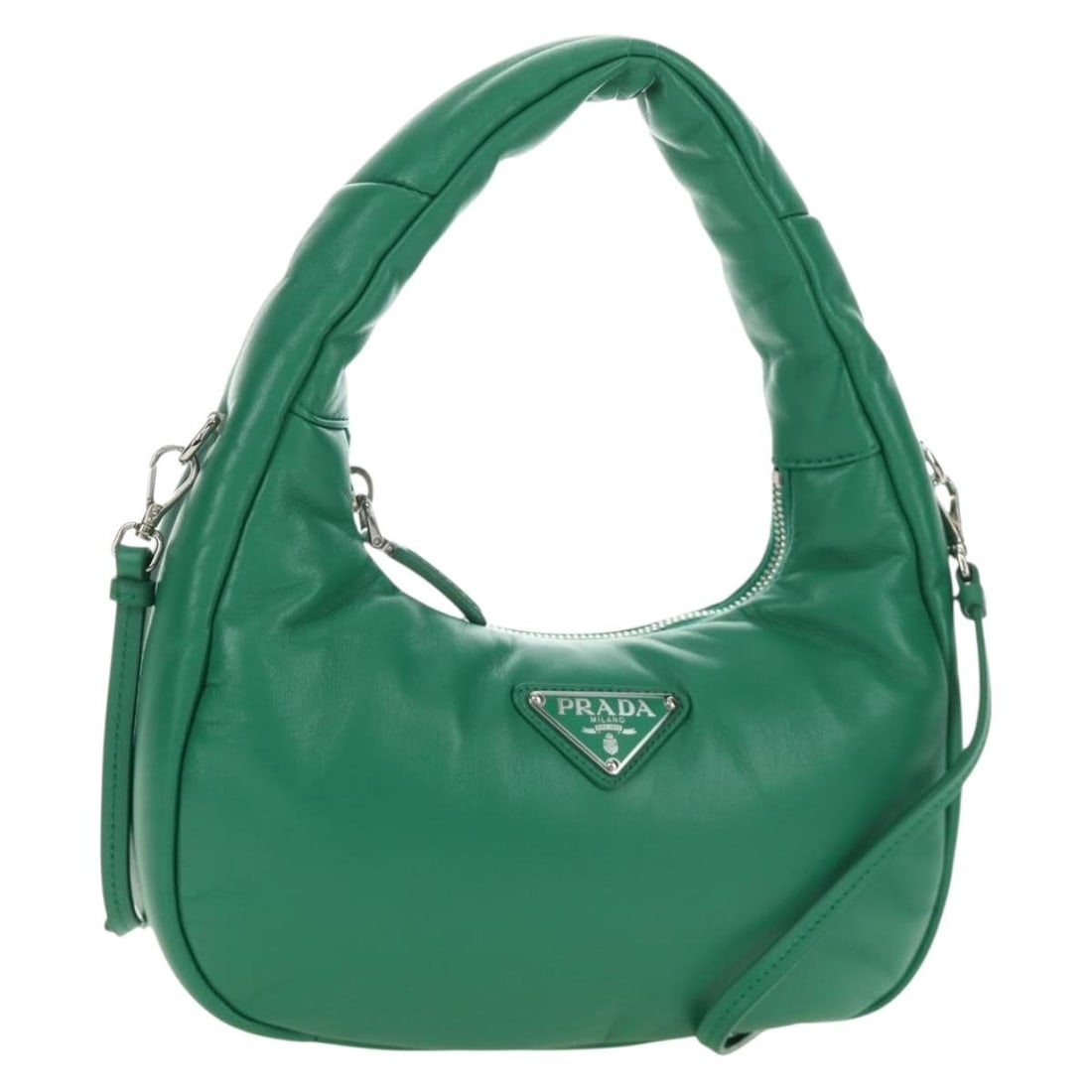 PRADA Leather 2way Hand Bag Green with Shoulder Strap: PRADA Leather 2way Hand Bag Green with Shoulder Strap Prada women's 2-way handbag in green leather with silver-tone accents. Made in Italy, this compact bag includes a dust bag and shoulder strap. It 