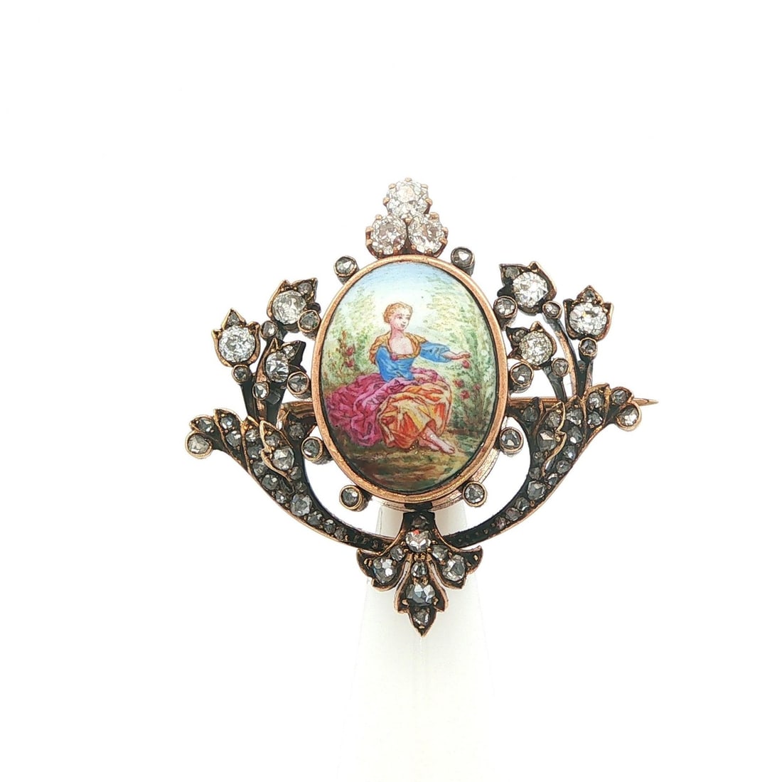 Antique 17 18k Yellow Gold Mourning Brooch with Porcelain and Diamonds: Antique 17 18k Yellow Gold Mourning Brooch with Porcelain and Diamonds This antique mourning pin brooch features a hand-painted porcelain centerpiece, bezel set and measuring approximately 15.5 x 11.6