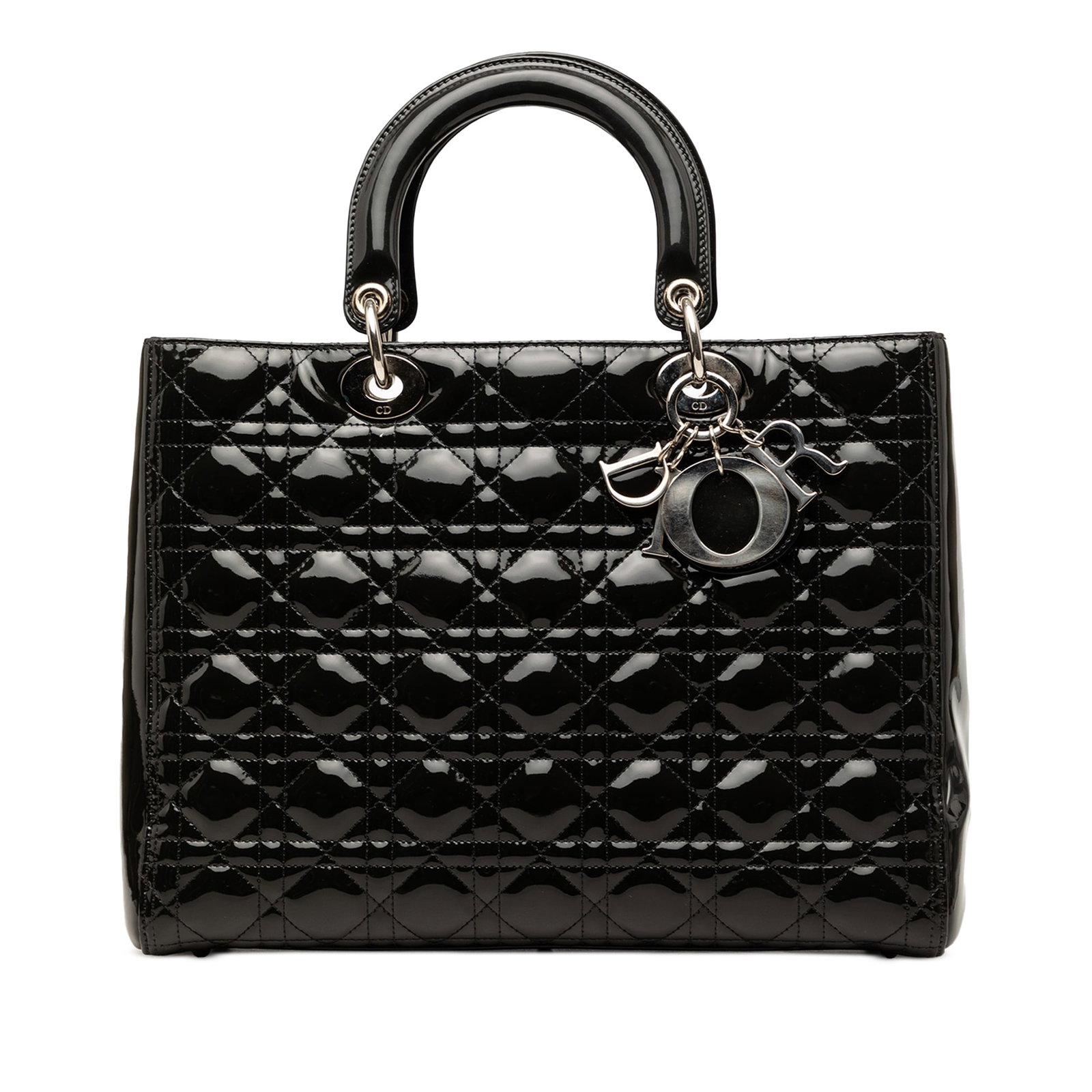 Dior Lady Dior Large Cannage Patent Leather Handbag Black: Dior Lady Dior Large Cannage Patent Leather Handbag Black Large Lady Dior bag in black patent leather with a quilted Cannage body, flat leather top handles, a top zip closure, and an interior zip pock