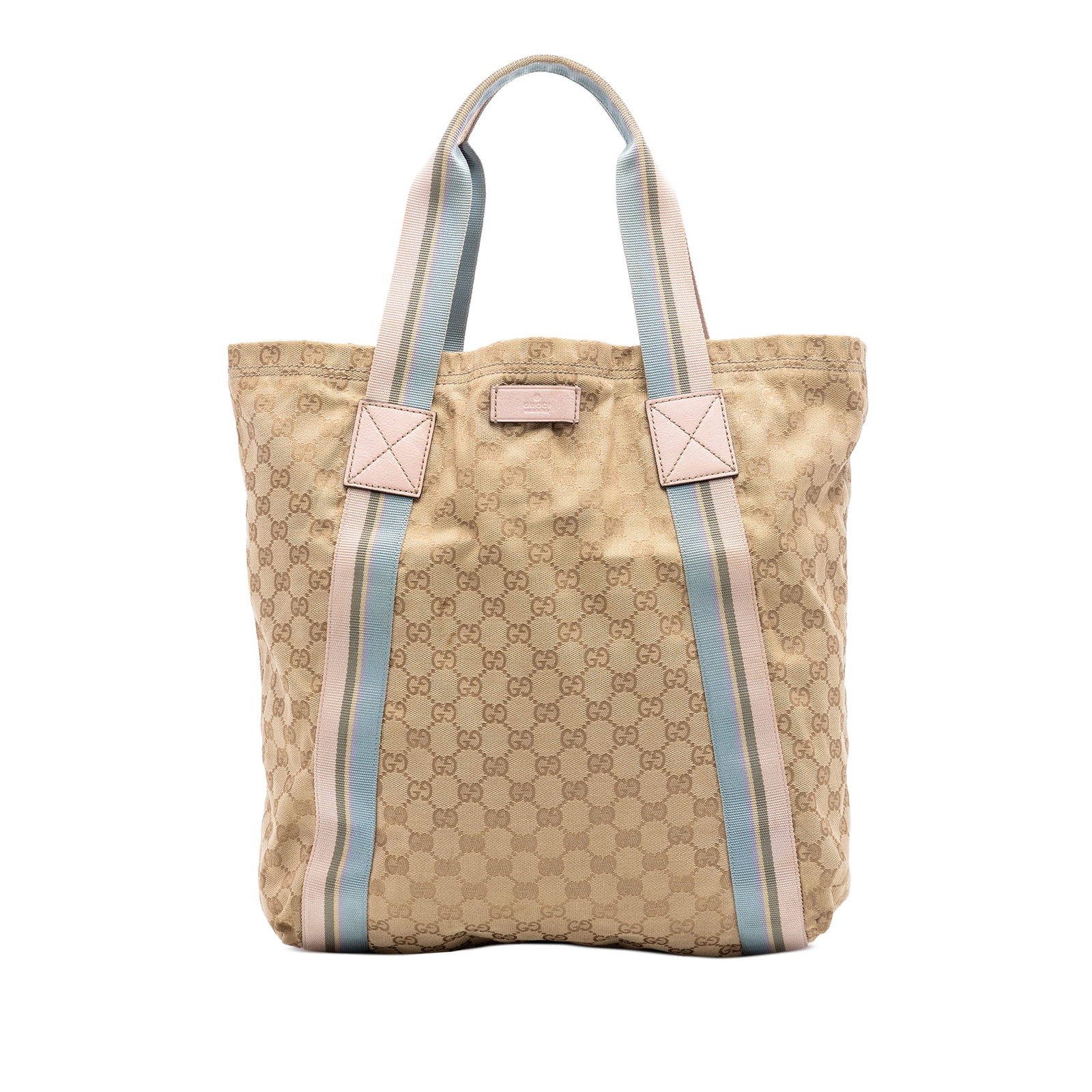 Gucci GG Canvas Tote with Web Straps: Gucci GG Canvas Tote with Web Straps This Gucci GG Canvas Web Tote features a beige fabric body with flat straps and an open top design. The interior includes a slip pocket for easy organization. Made
