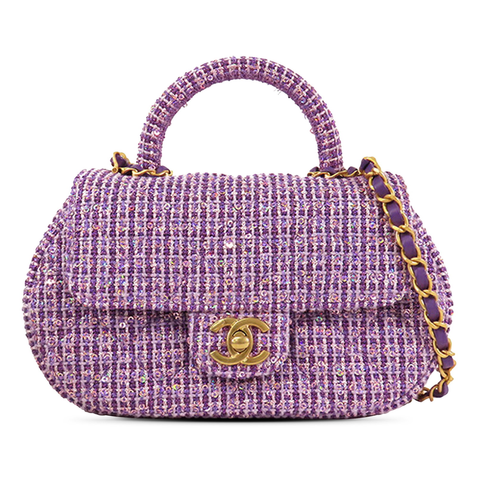 Chanel CC Top Handle Flap Satchel in Purple Tweed: Chanel CC Top Handle Flap Satchel in Purple Tweed A Chanel CC Quilted Tweed Top Handle Flap satchel in purple, made in Italy. It features a tweed body, rolled top handle, leather-woven chain strap, fr