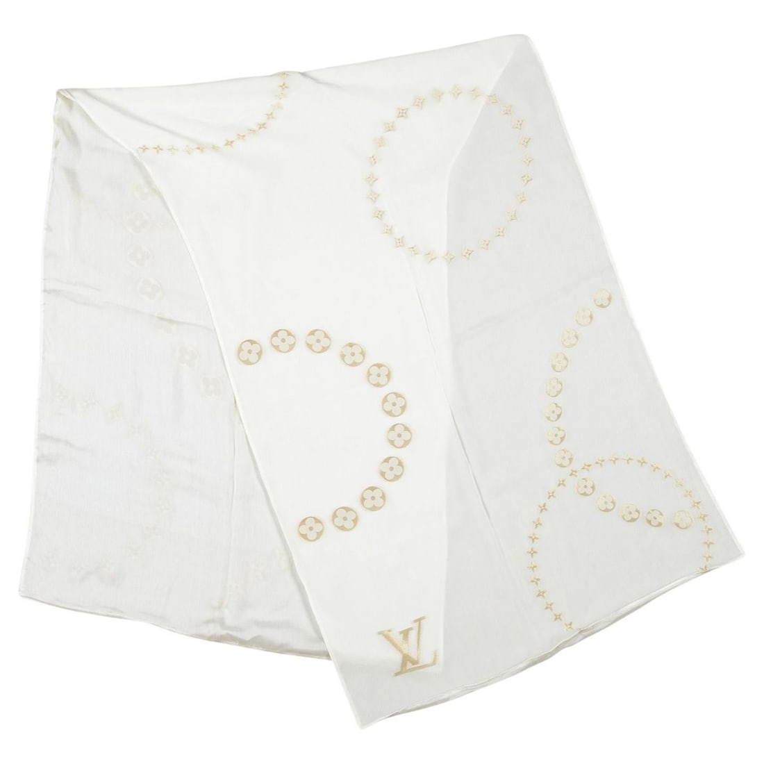 Louis Vuitton Silk Scarf with White Monogram Embroidery 25 x 72 in: Louis Vuitton Silk Scarf with White Monogram Embroidery 25 x 72 in Louis Vuitton white silk scarf featuring an embroidered monogram design. This accessory is crafted in the 21st century and is in exce