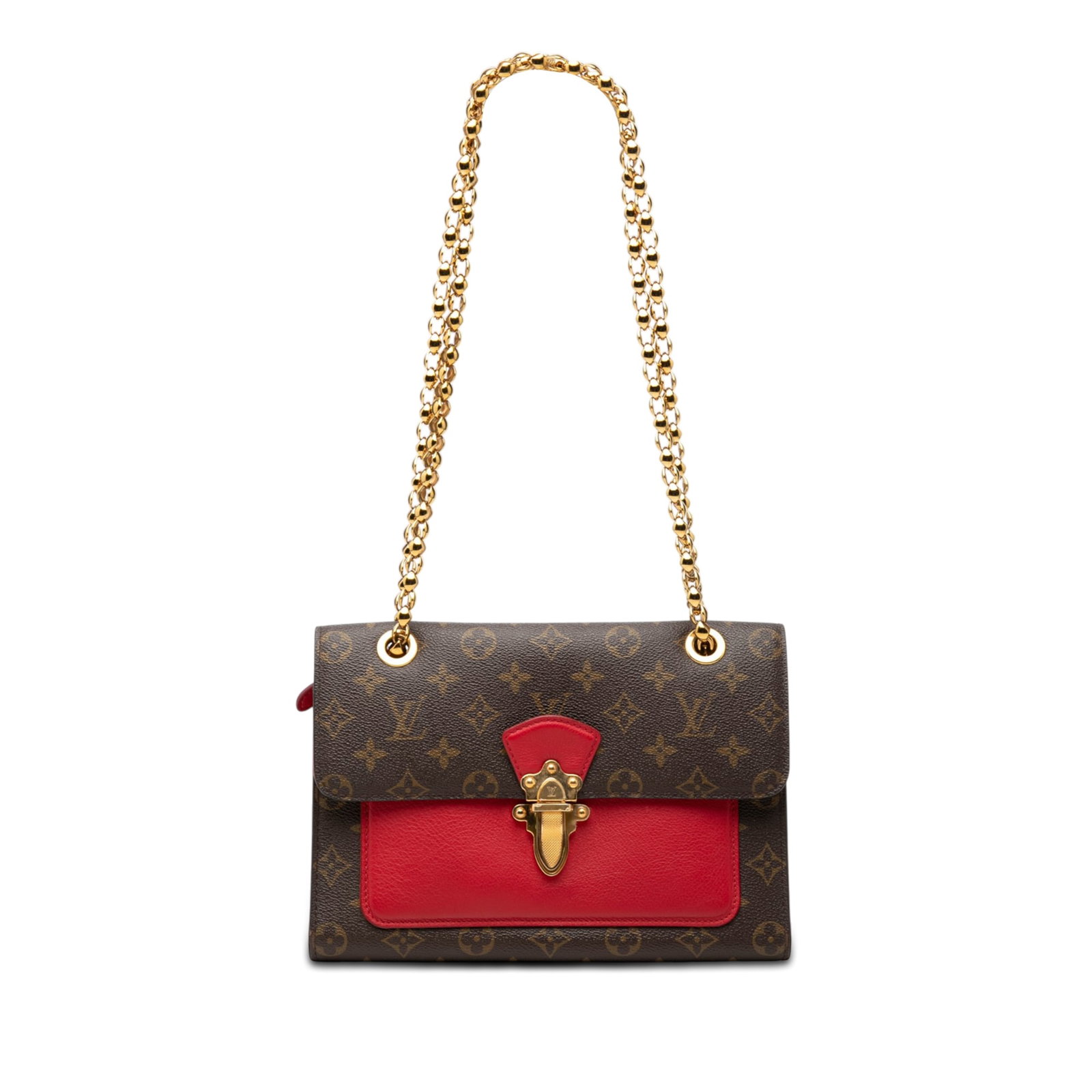 Louis Vuitton Victoire Monogram Canvas Shoulder Bag: Louis Vuitton Victoire Monogram Canvas Shoulder Bag Louis Vuitton Monogram Victoire bag in brown monogram canvas with a chain shoulder strap, front flap, gold-tone metal push lock closure, and an inte