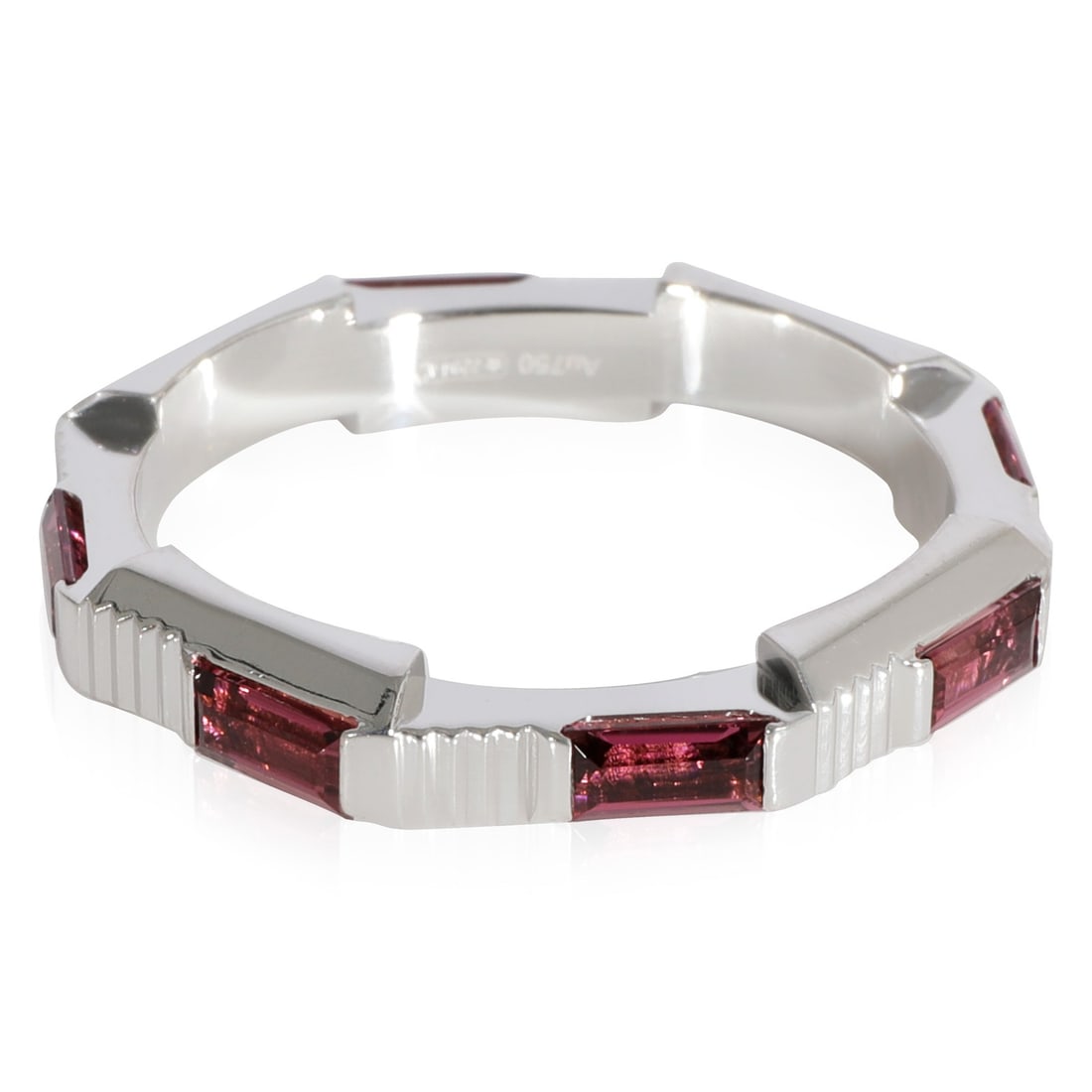 Link to Love 18K White Gold Rubelite Band Ring Size 6 by Gucci: Link to Love 18K White Gold Rubelite Band Ring Size 6 by Gucci This Gucci Link to Love band is crafted from 18K white gold and features rubelite stones set in a sleek design. Part of the Link to Love 