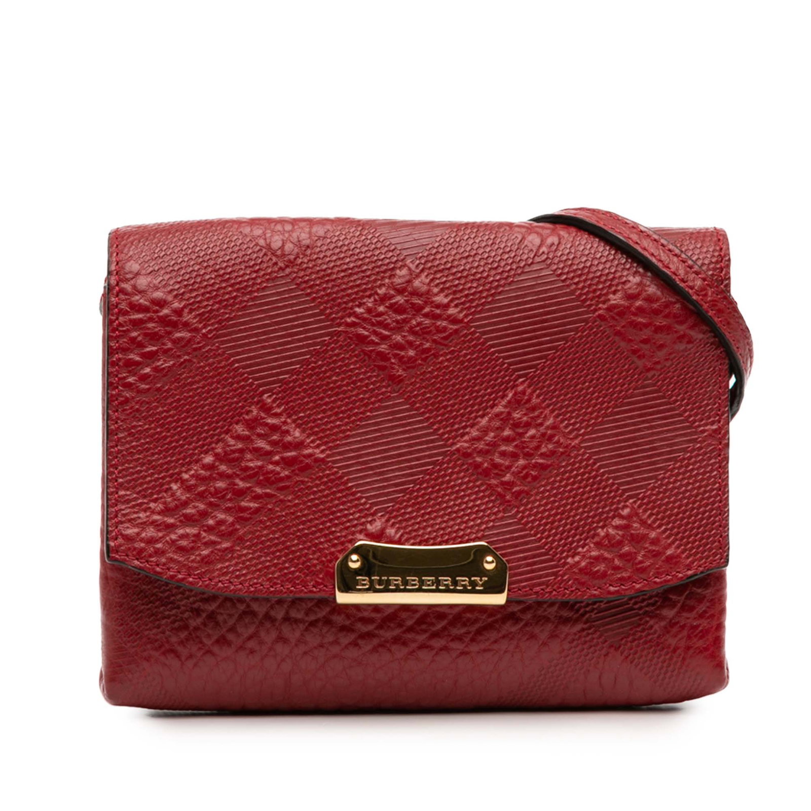 Burberry Langley Red Leather Check Crossbody Bag: Burberry Langley Red Leather Check Crossbody Bag This Burberry Langley crossbody bag is crafted from embossed grain check leather in red. It features a flat leather strap, a front flap with magnetic s