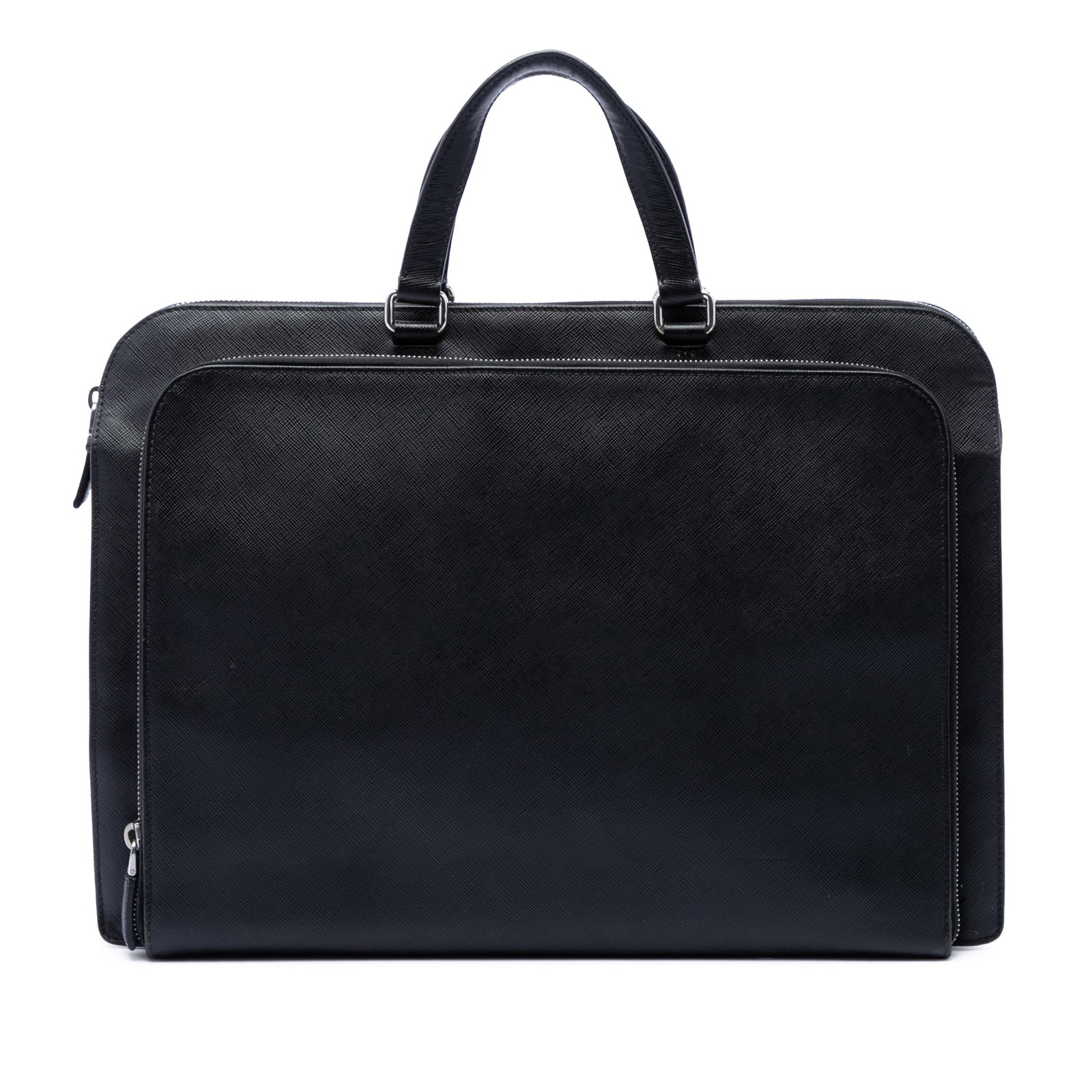 Prada Saffiano Cuir leather briefcase with front zip compartment: Prada Saffiano Cuir leather briefcase with front zip compartment Black Prada Saffiano Cuir Travel Front Zip Pocket Briefcase made in Italy. It features a saffiano leather body, flat handles, a top zip