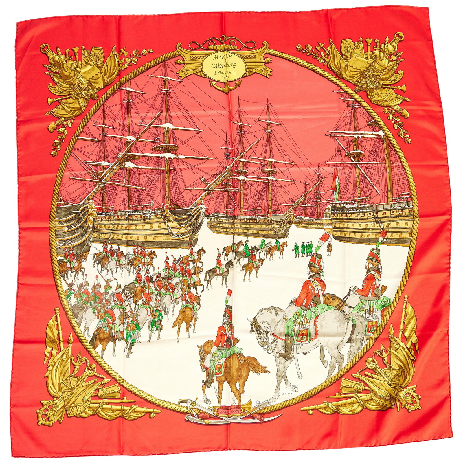 Hermes Red Silk Marine et Cavalerie Scarf by Ledoux 35 in: Hermes Red Silk Marine et Cavalerie Scarf by Ledoux 35 in Elevate your accessory collection with the exquisite Hermes Red Marine et Cavalerie Scarf, crafted from luxurious silk. This scarf features a 