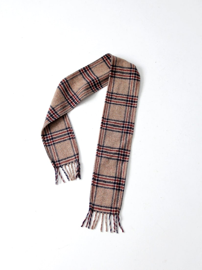 Classic Vintage Wool Plaid Scarf Tan Navy Red Fringed: Classic Vintage Wool Plaid Scarf Tan Navy Red Fringed Wrap yourself in timeless style with this vintage plaid scarf, crafted from fine wool. Featuring a classic combination of tan, navy, and red plaid