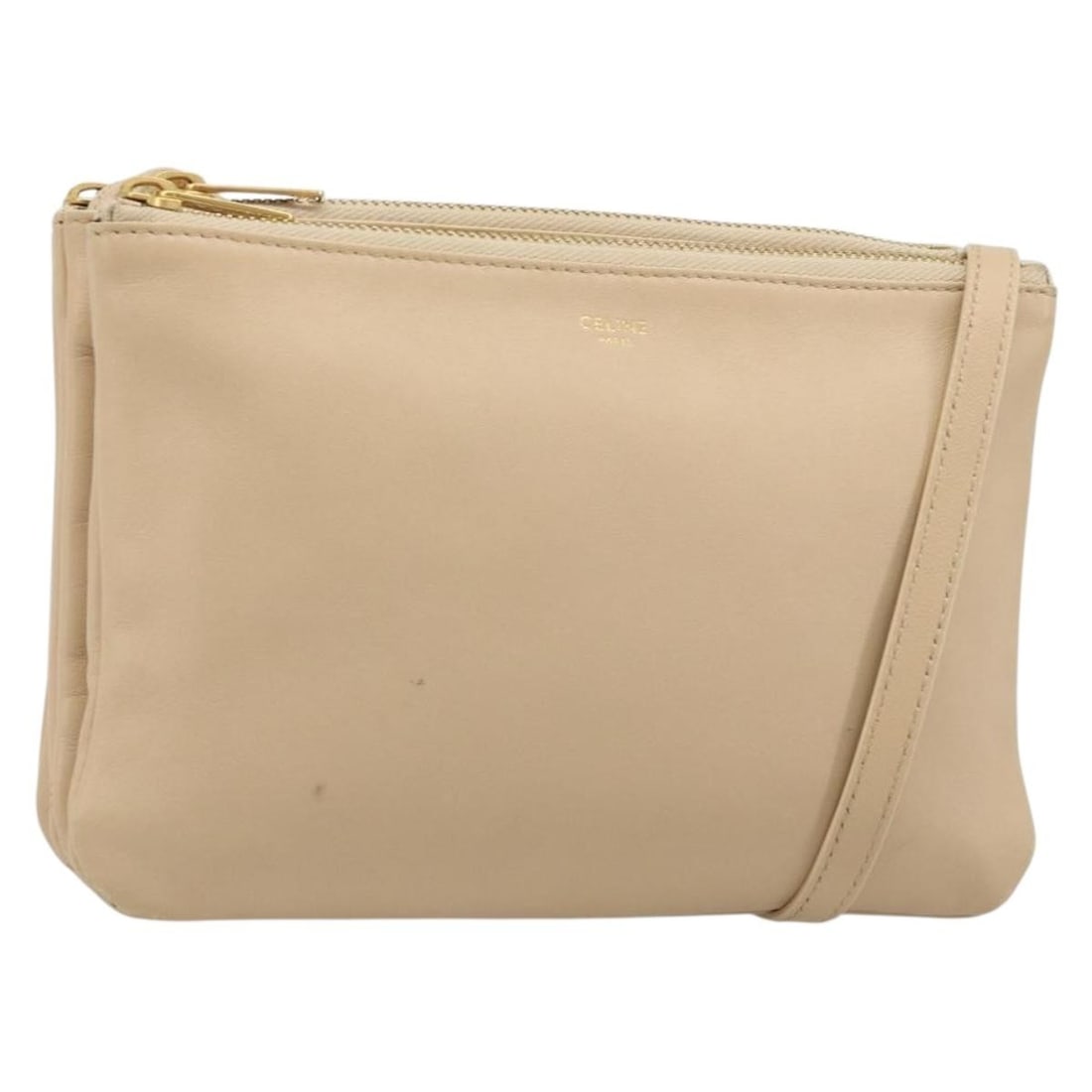 CELINE Trio Leather Shoulder Bag Beige with Dust Bag: CELINE Trio Leather Shoulder Bag Beige with Dust Bag Beige leather shoulder bag with gold-tone hardware, made in Italy. It comes with a dust bag and has a shoulder drop of approximately 45 to 55 cm (1