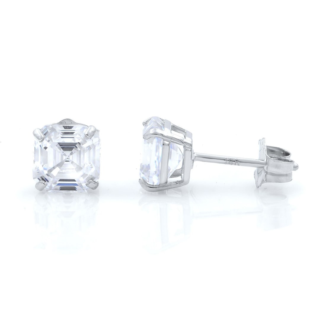 Rachel Koen 14K White Gold Asscher Cut CZ Stud Earrings 7mm: Rachel Koen 14K White Gold Asscher Cut CZ Stud Earrings 7mm Enhance your elegance with these stunning Asscher Cut cubic zirconia stud earrings by Rachel Koen, crafted from 14K white gold. Each 7mm sto