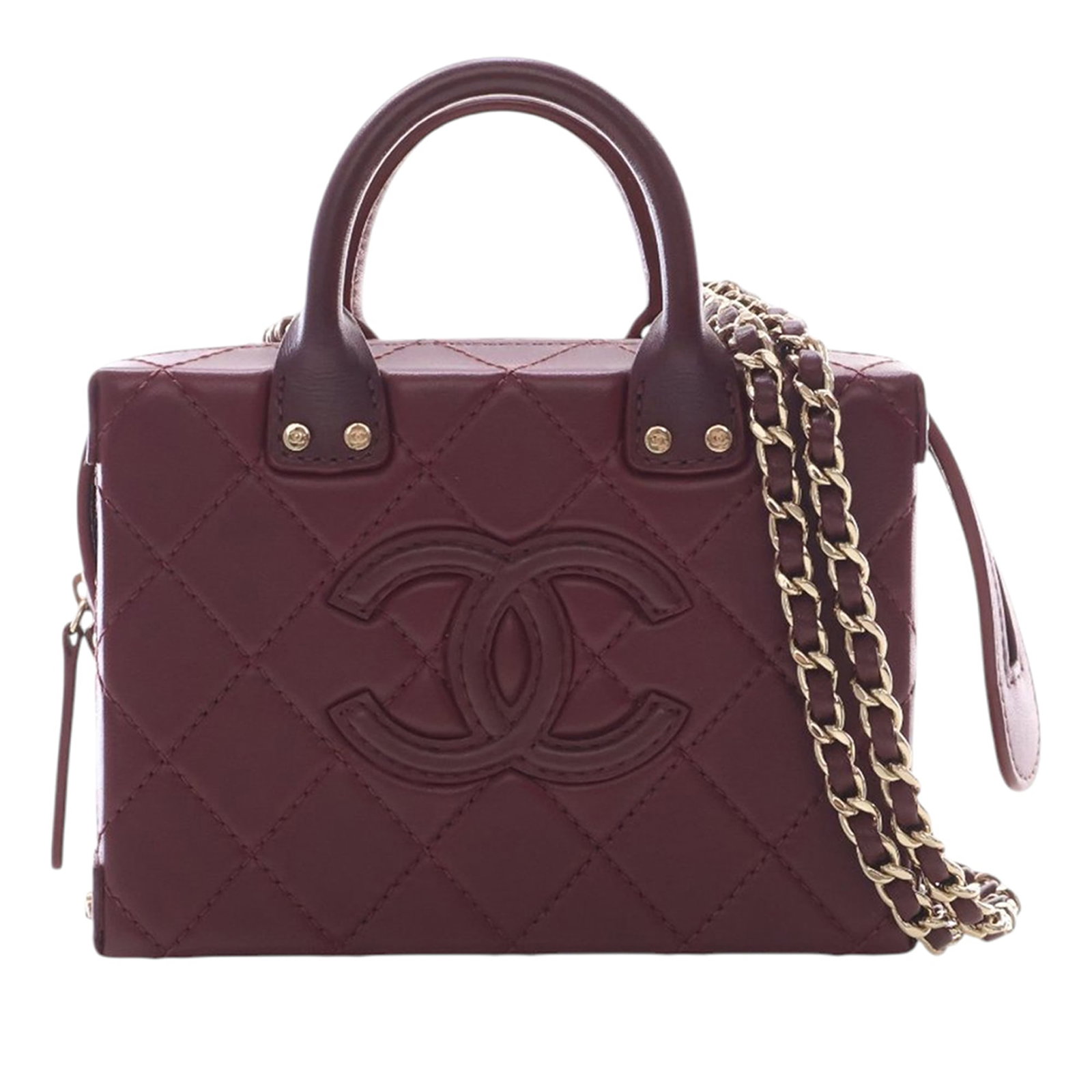 Chanel Small CC red quilted calfskin vanity case bag: Chanel Small CC red quilted calfskin vanity case bag Small Chanel CC quilted calfskin vanity case with a structured top handle design and convertible chain strap. The bag features a quilted leather ex