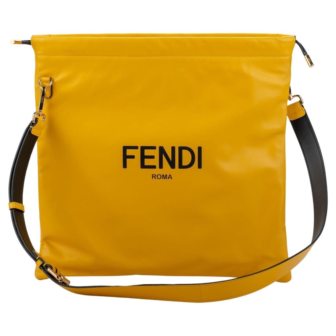 Fendi Large Yellow Lambskin Cross Body Bag with Gold Hardware: Fendi Large Yellow Lambskin Cross Body Bag with Gold Hardware Elevate your style with this exquisite Fendi large yellow cross body bag, crafted from luxurious lambskin. This chic accessory features a 
