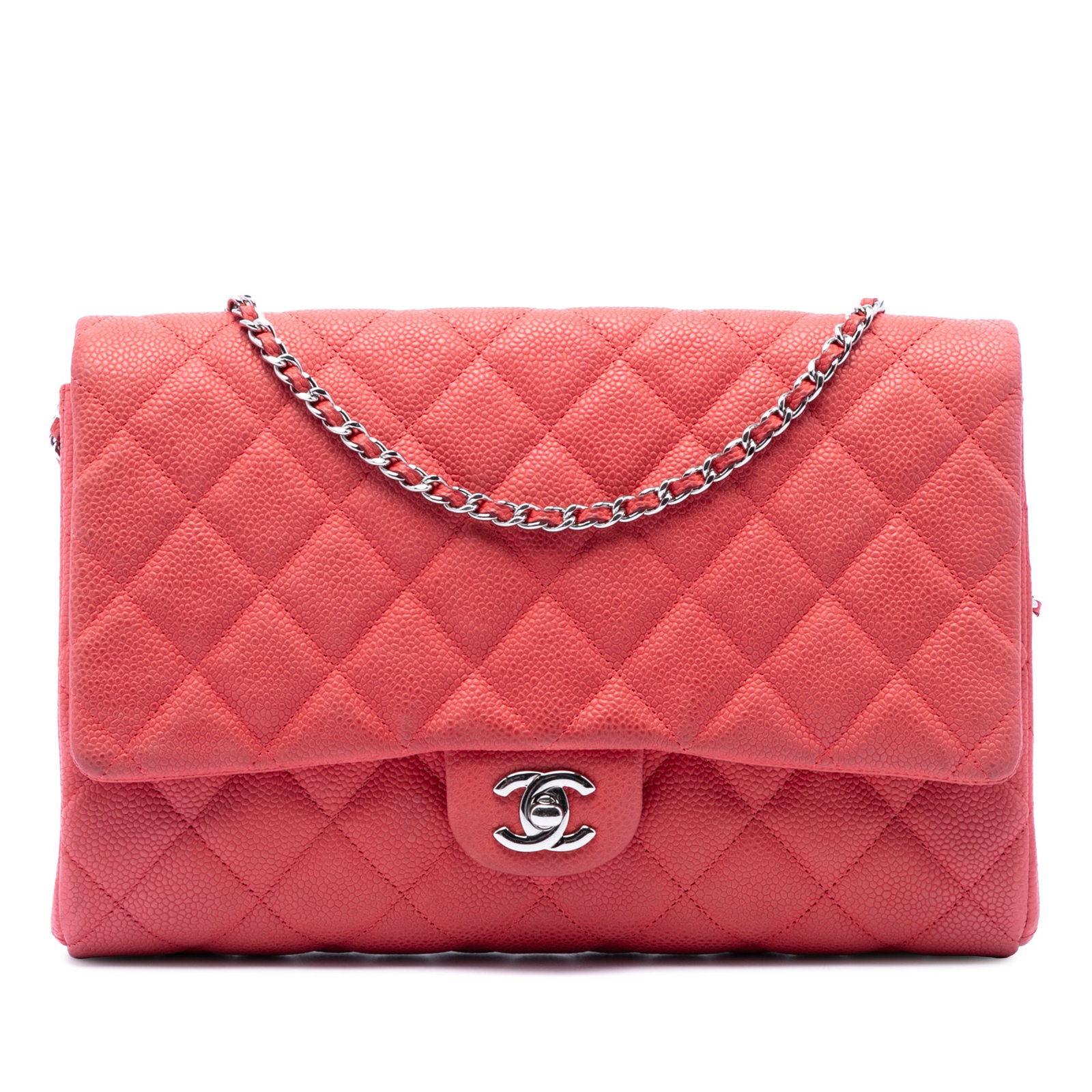 Chanel Quilted Caviar Leather Chain Flap Clutch Shoulder Bag Pink: Chanel Quilted Caviar Leather Chain Flap Clutch Shoulder Bag Pink Chanel Quilted Caviar Flap Clutch with Chain shoulder bag in pink leather, made in France. It features a quilted caviar leather body, 