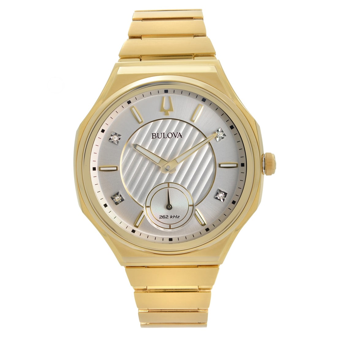 Bulova 97P136 Curv Gold Diamond Accent Silver Dial Ladies Quartz Watch: Bulova 97P136 Curv Gold Diamond Accent Silver Dial Ladies Quartz Watch The Bulova Curv 97P136 is a pre-owned ladies' wristwatch designed for dress or formal occasions. It features a gold PVD-coated st