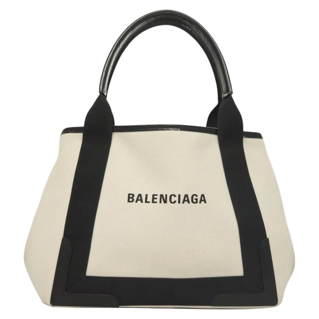 Balenciaga Navy Cabas White Canvas and Leather Tote Bag: Balenciaga Navy Cabas White Canvas and Leather Tote Bag This Balenciaga Navy Cabas is a women's tote crafted from white canvas with leather accents. The bag features a spacious interior and is made in
